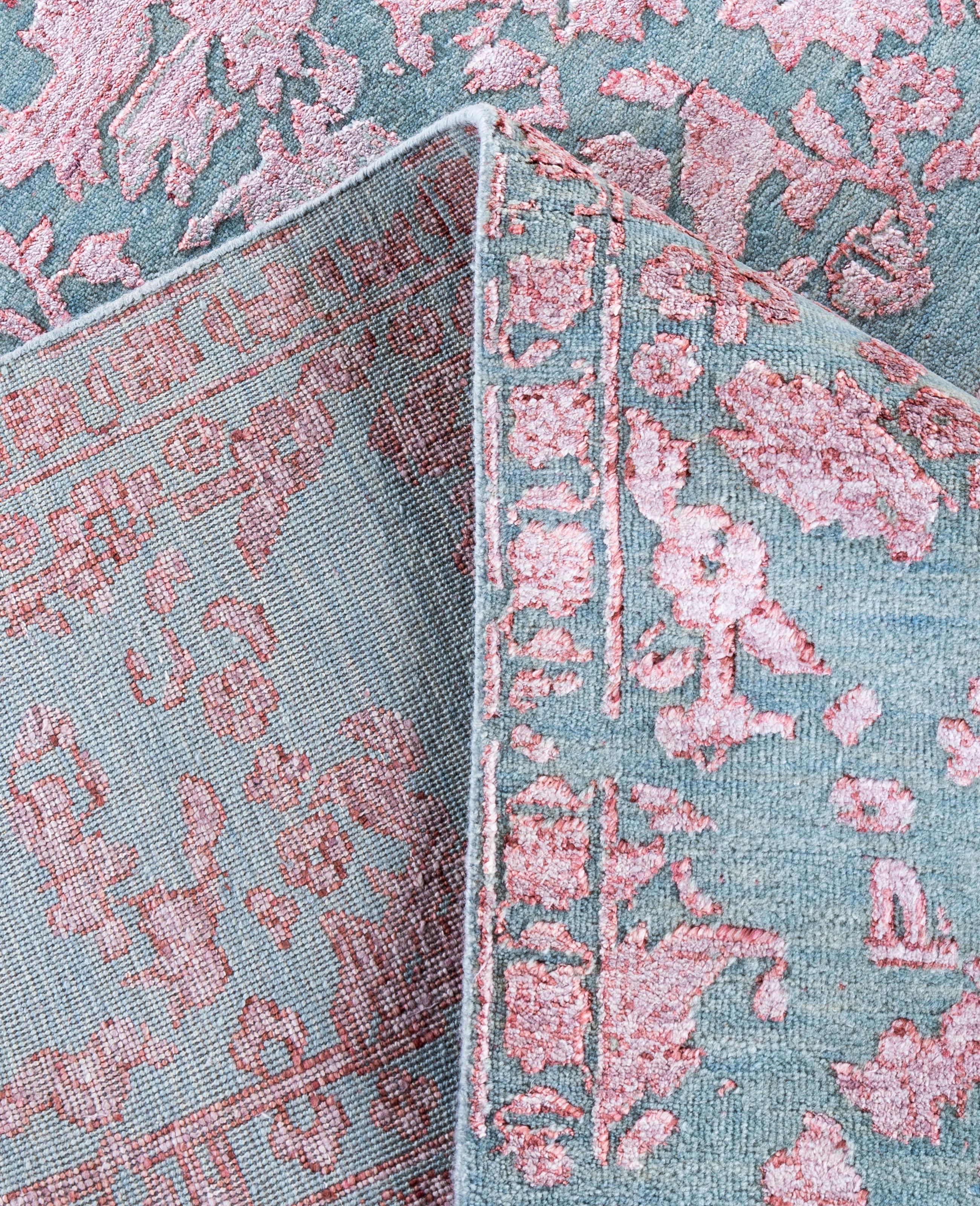 XXIe siècle et contemporain Tapis traditionnel abstrait bleu noué à la main 9' 2