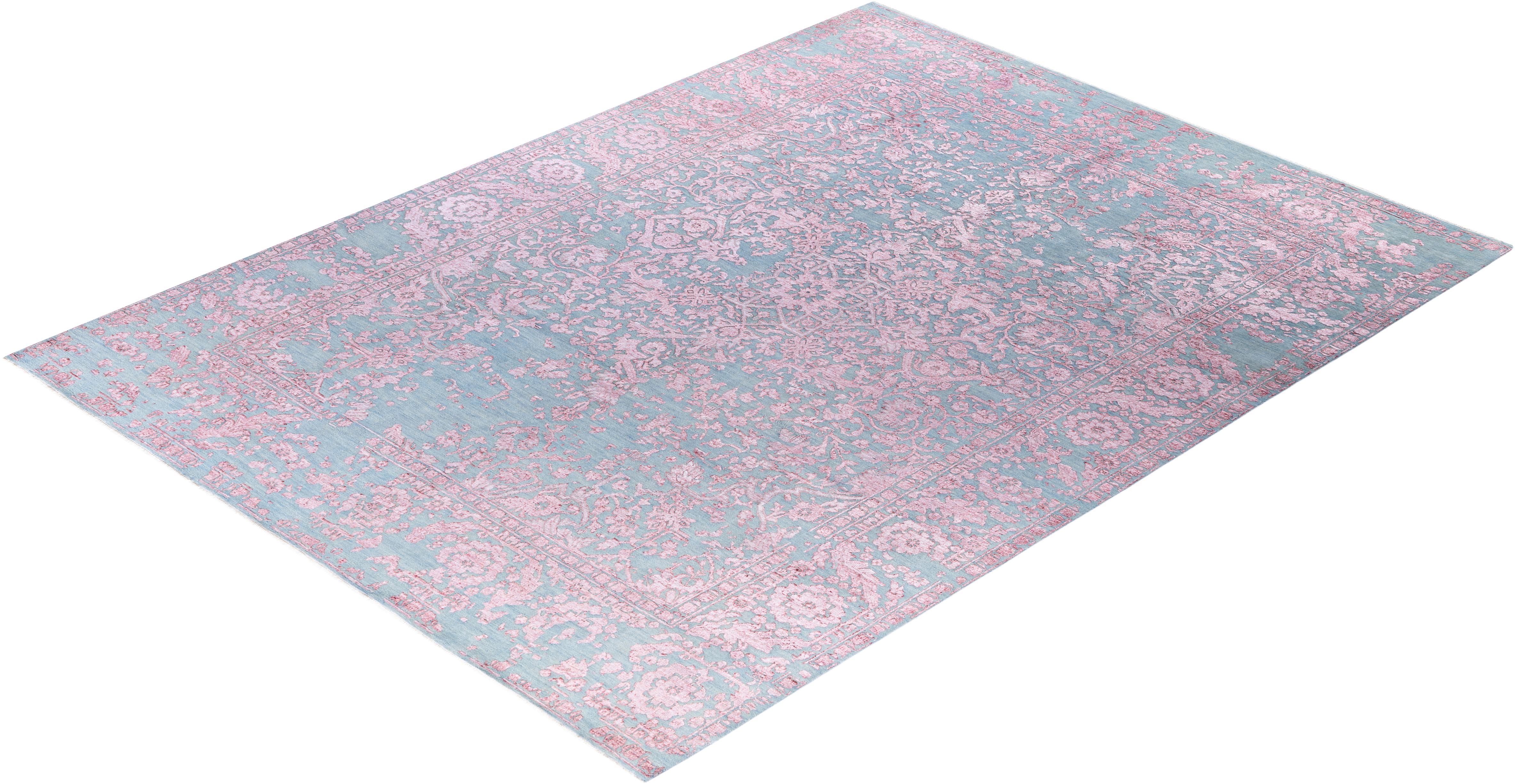 Tapis traditionnel abstrait bleu noué à la main 9' 2