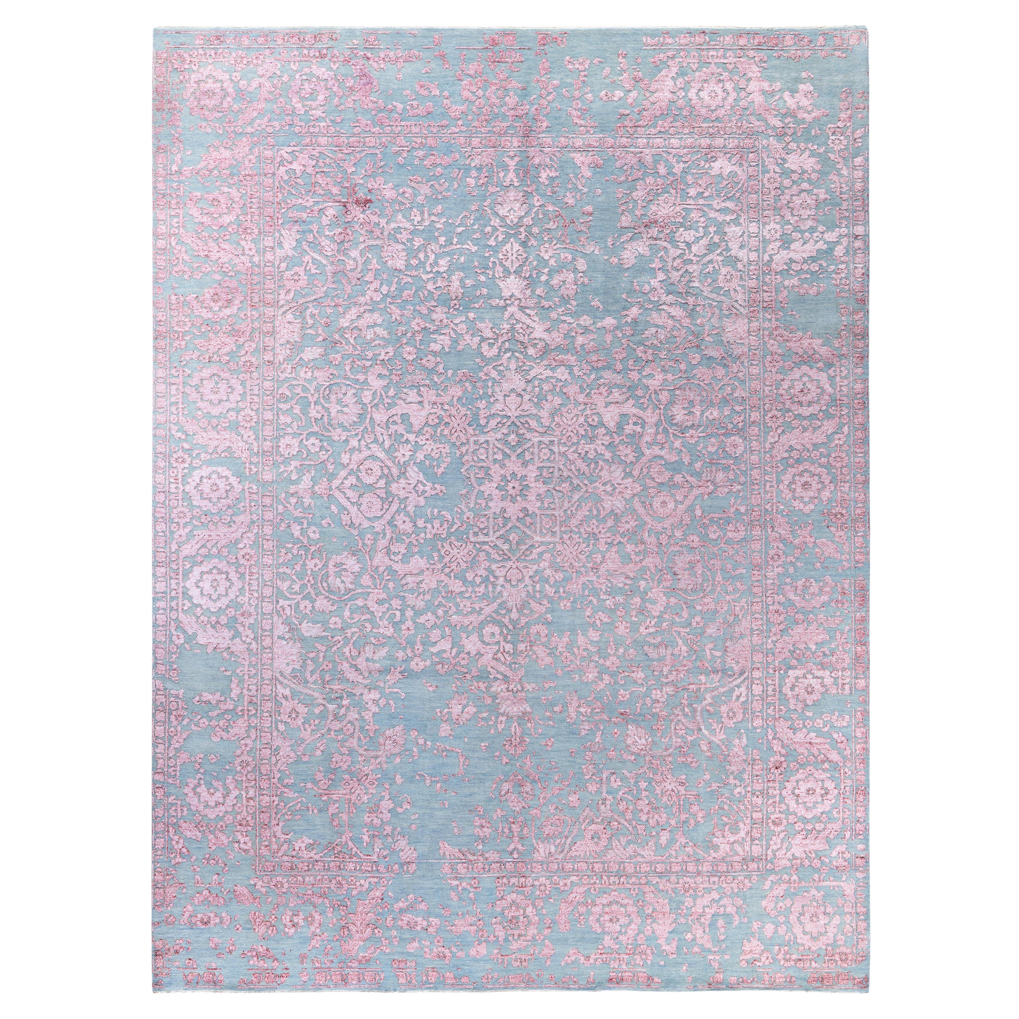 Traditional Abstract Wool, Silk Hand Knotted Blue Area Rugs 9' 2" x 12' 1"