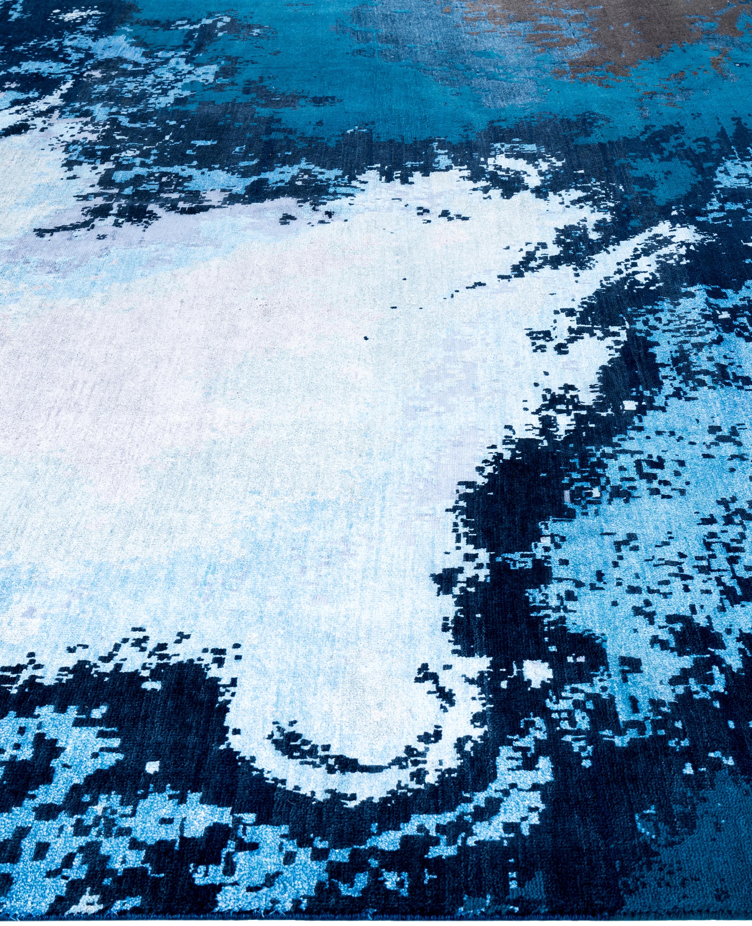 Annodato a mano Traditional Abstract Wool, Silk Hand Knoted Blue Area Rugs 9' 3
