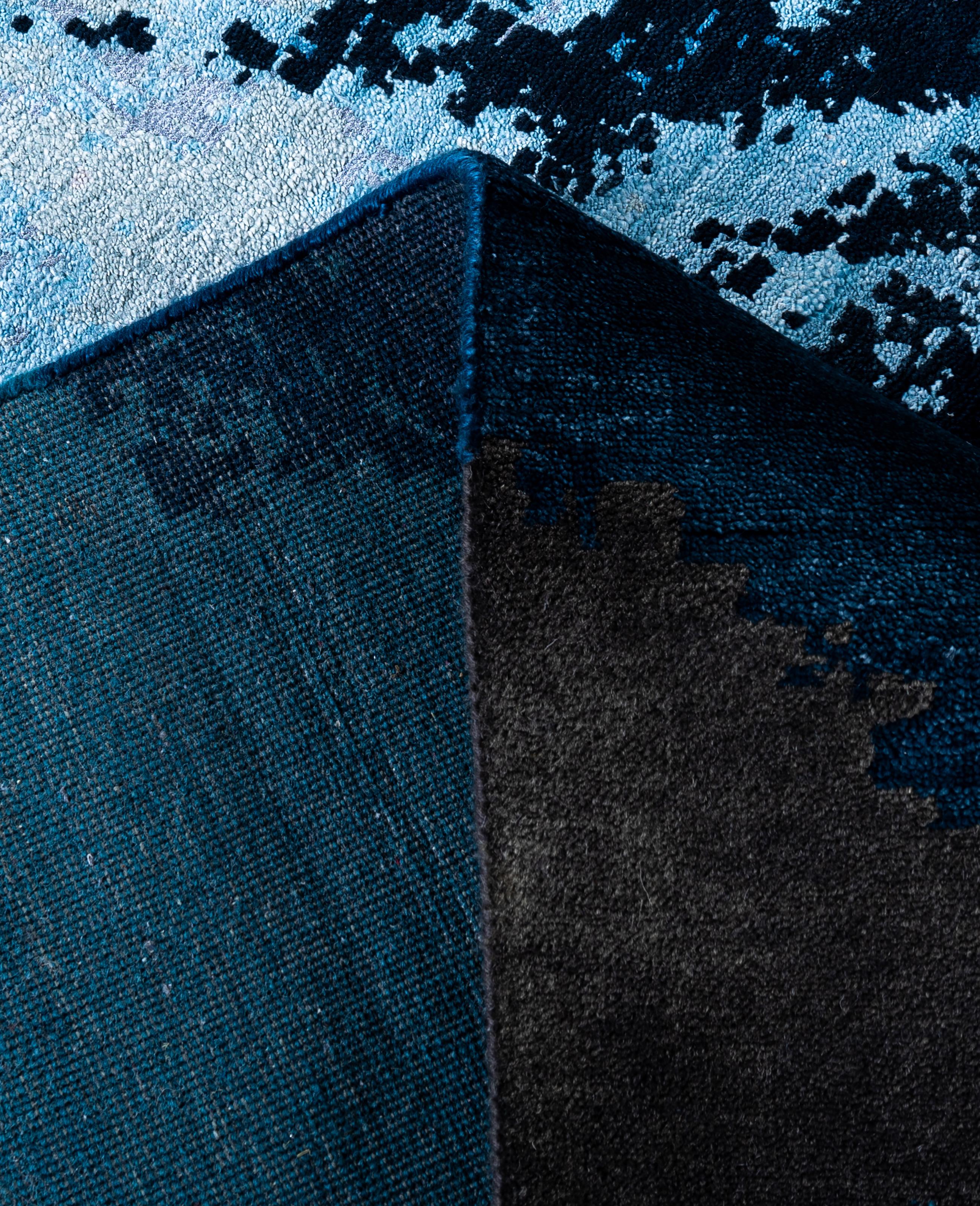XXI secolo e contemporaneo Traditional Abstract Wool, Silk Hand Knoted Blue Area Rugs 9' 3
