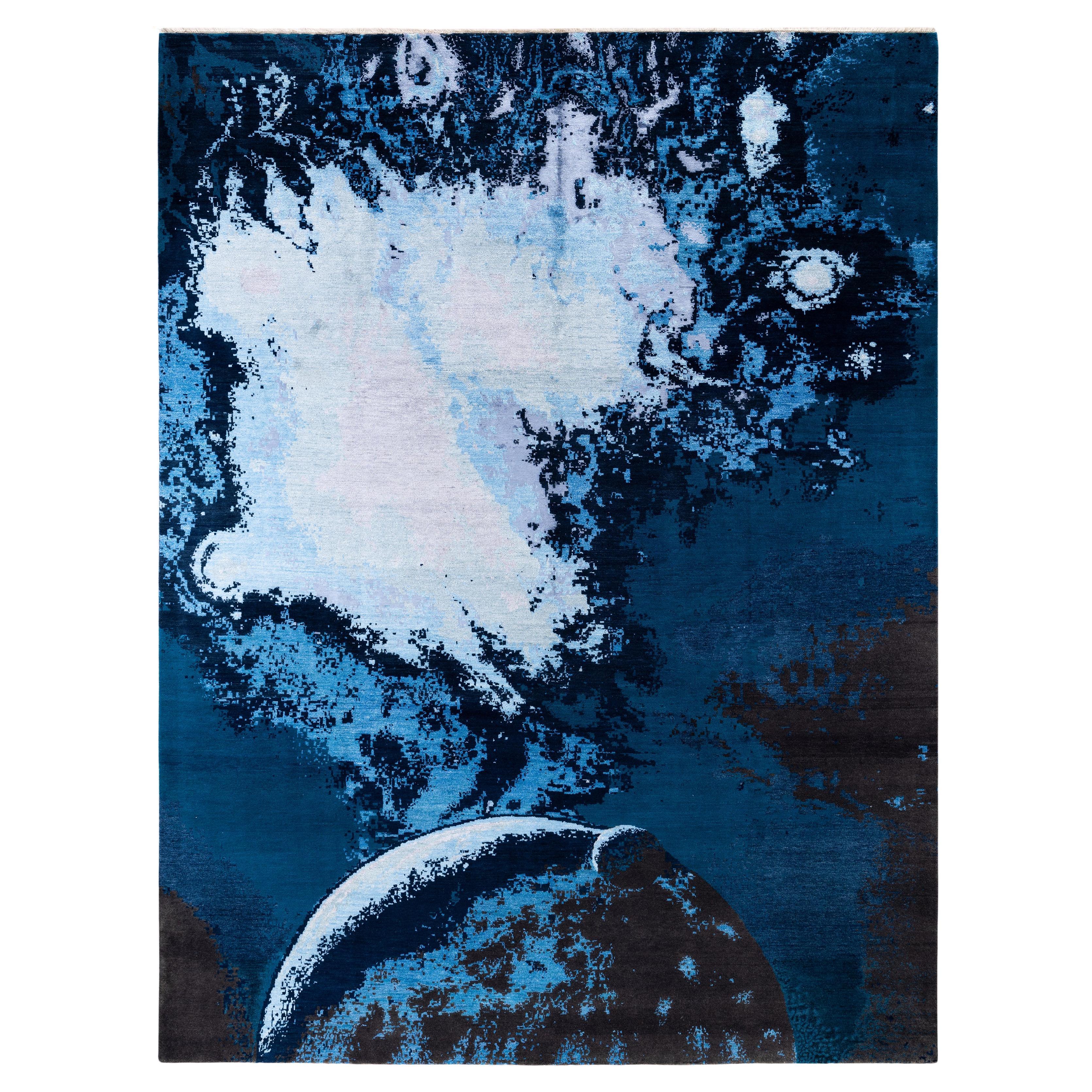 Traditional Abstract Wool, Silk Hand Knoted Blue Area Rugs 9' 3" x 12' 4"