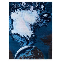 Alfombra Abstracta Tradicional de Lana y Seda Anudada a Mano Azul 3 x 4 cm