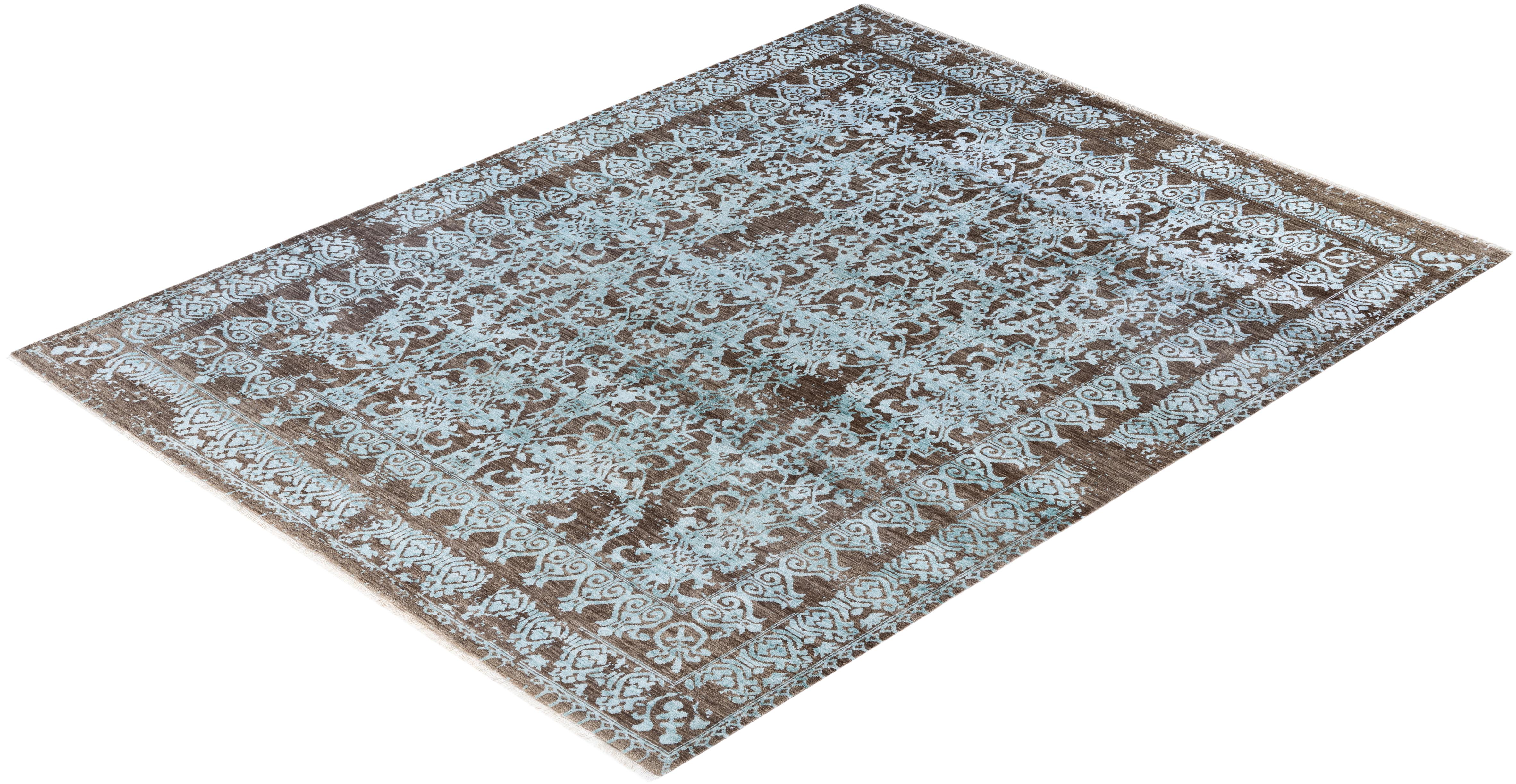 Traditional Abstract Wool, Silk Hand Knotted Brown Area Rug 8' 2