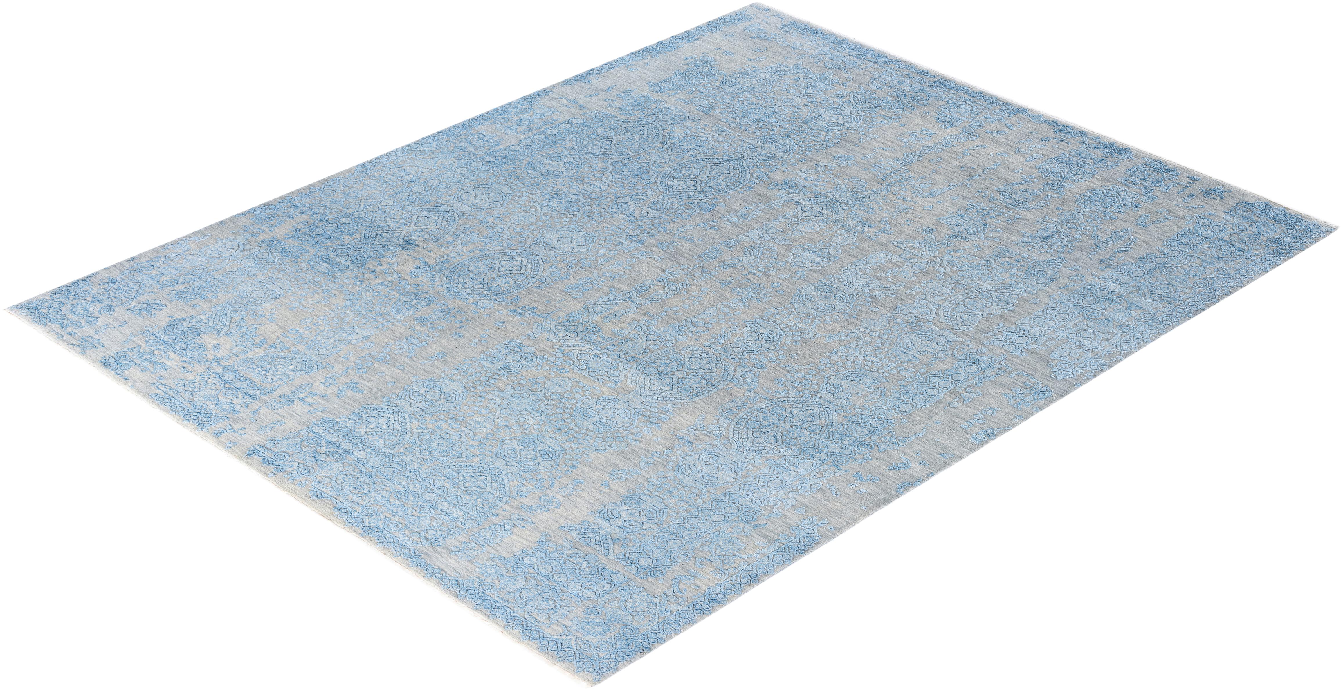 Traditional Abstract Wool, Silk Hand Knoted Gray Area Rugs 7' 10