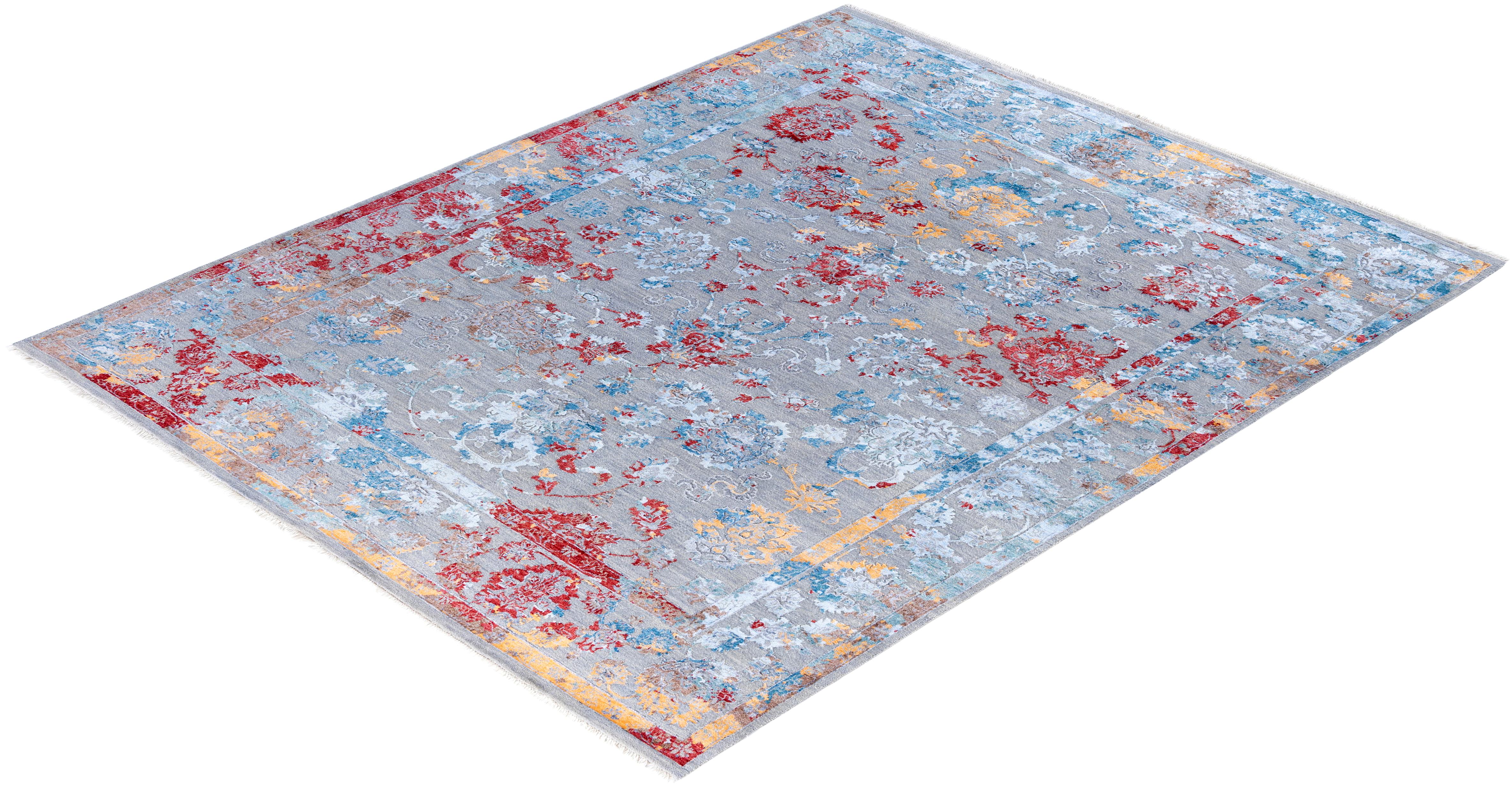 Traditional Abstract Wool, Silk Hand Knotted Gray Area Rugs 8' 1