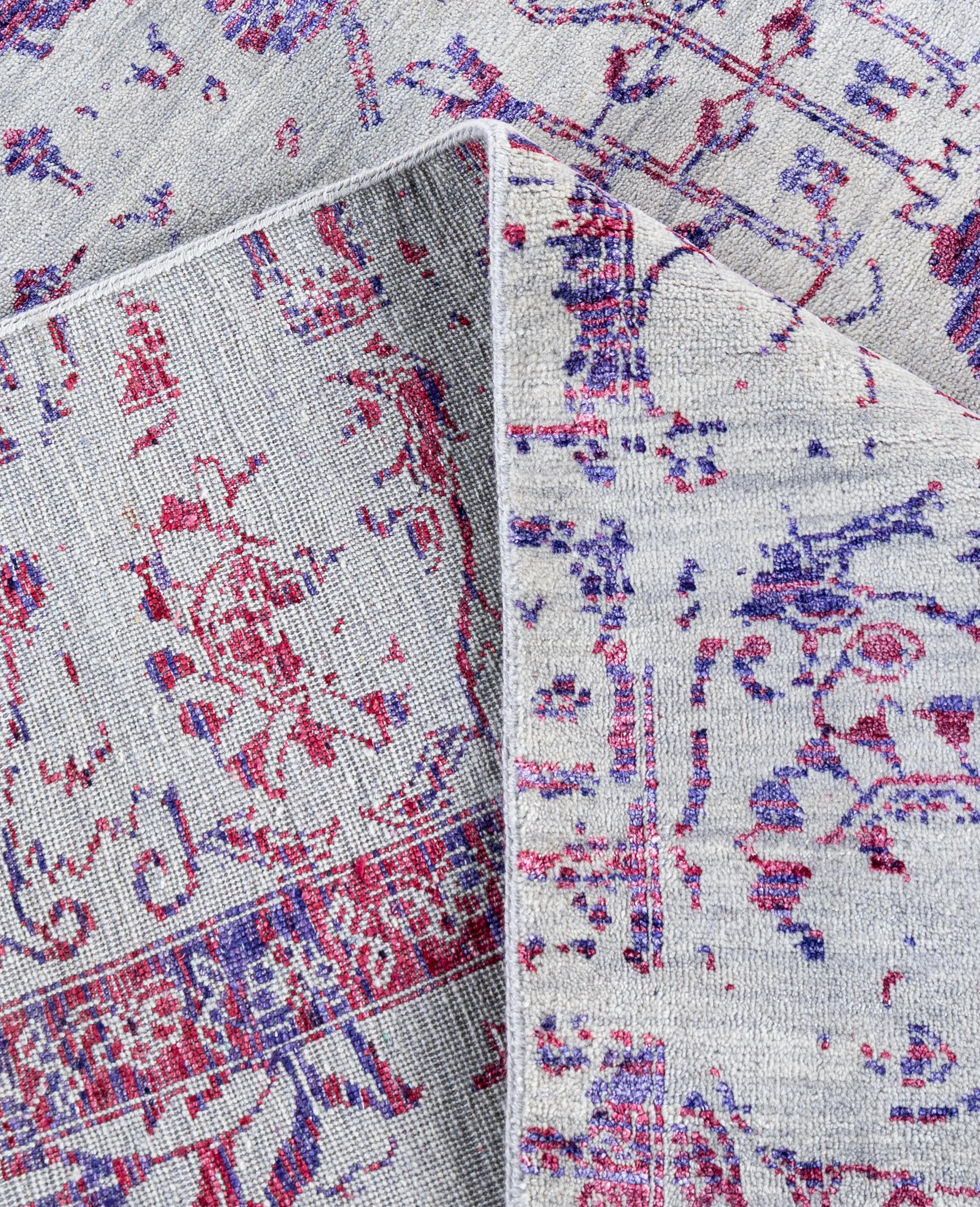 XXIe siècle et contemporain Tapis traditionnel abstrait en laine et soie noué à la main gris de 8' 1