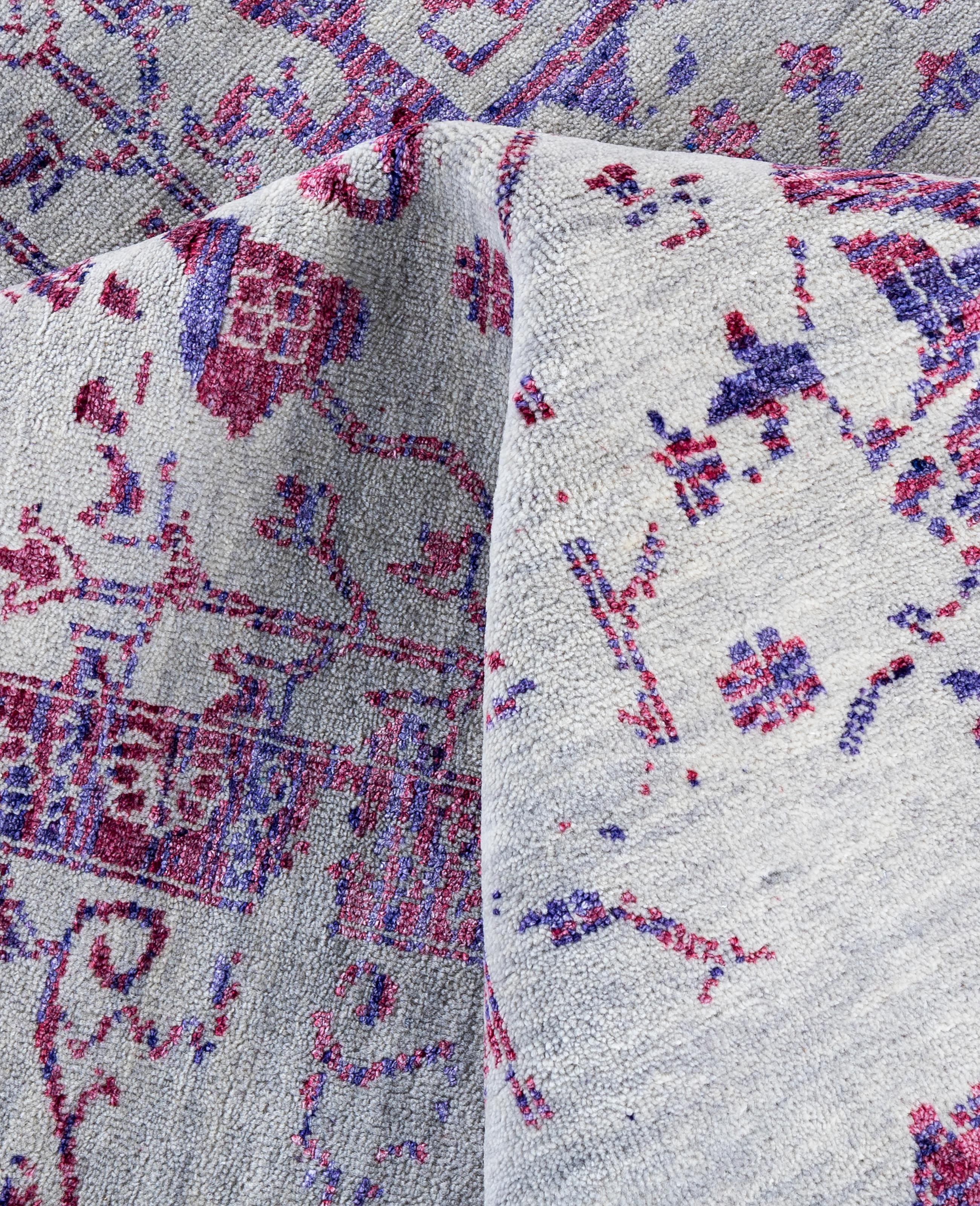 Laine Tapis traditionnel abstrait en laine et soie noué à la main gris de 8' 1