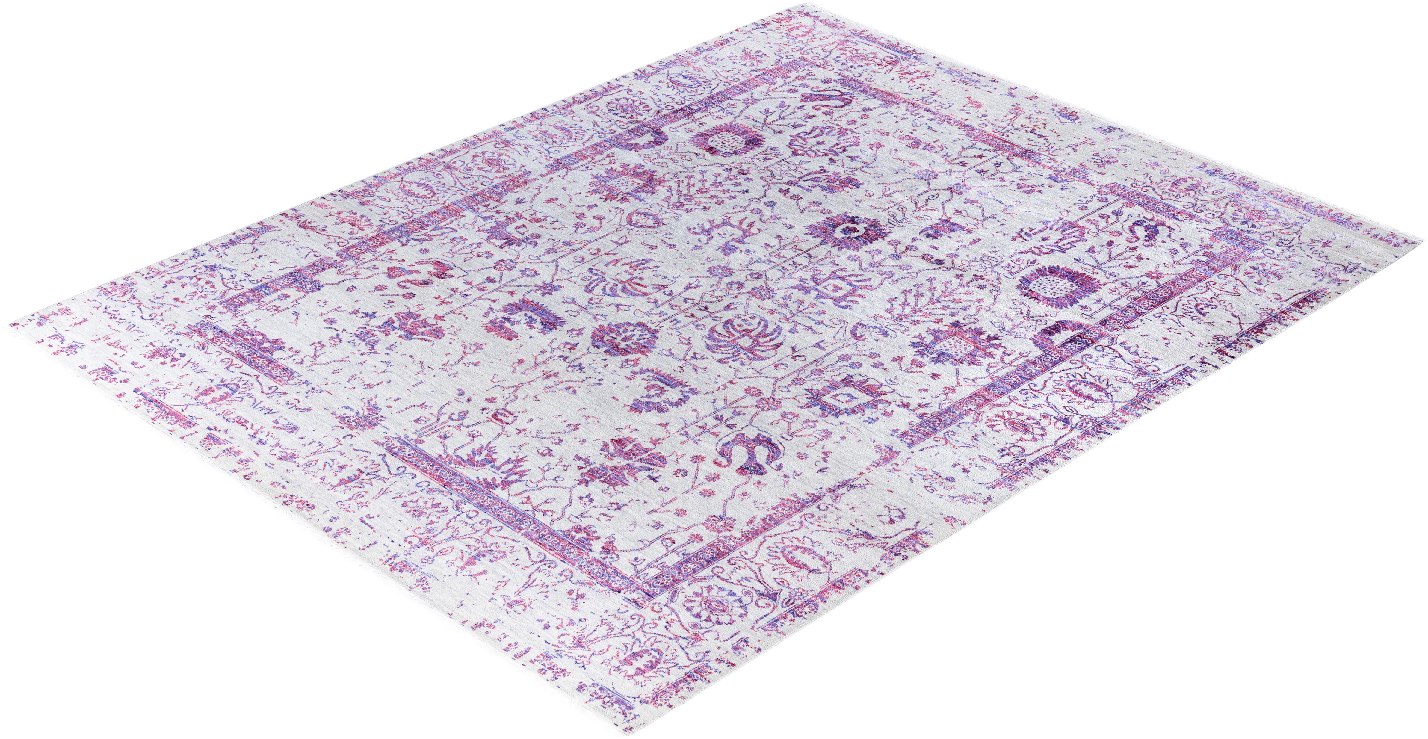 Tapis traditionnel abstrait en laine et soie noué à la main gris de 8' 1