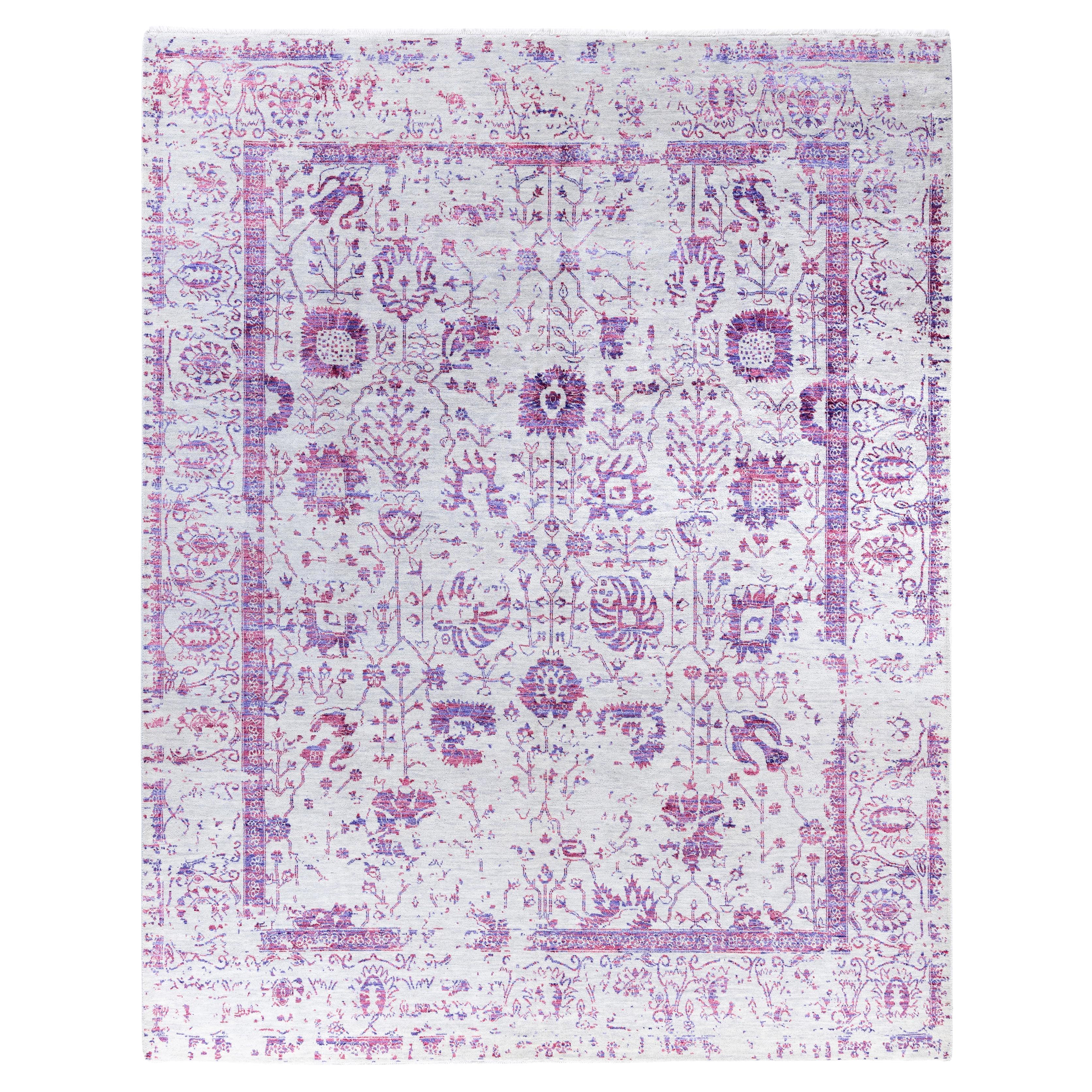 Tapis traditionnel abstrait en laine et soie noué à la main gris de 8' 1" x 10' 3" en vente