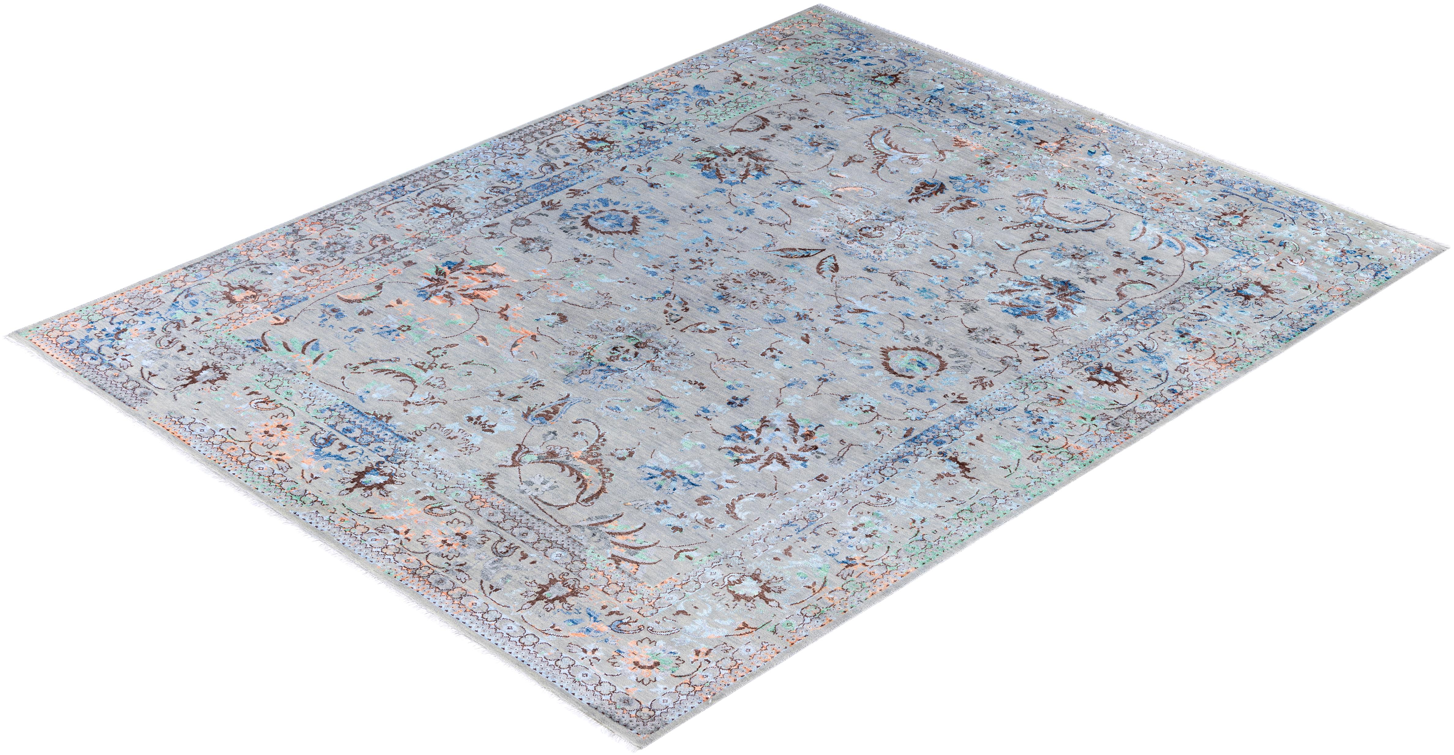 Traditional Abstract Wool, Silk Hand Knoted Gray Area Rugs 8' 1