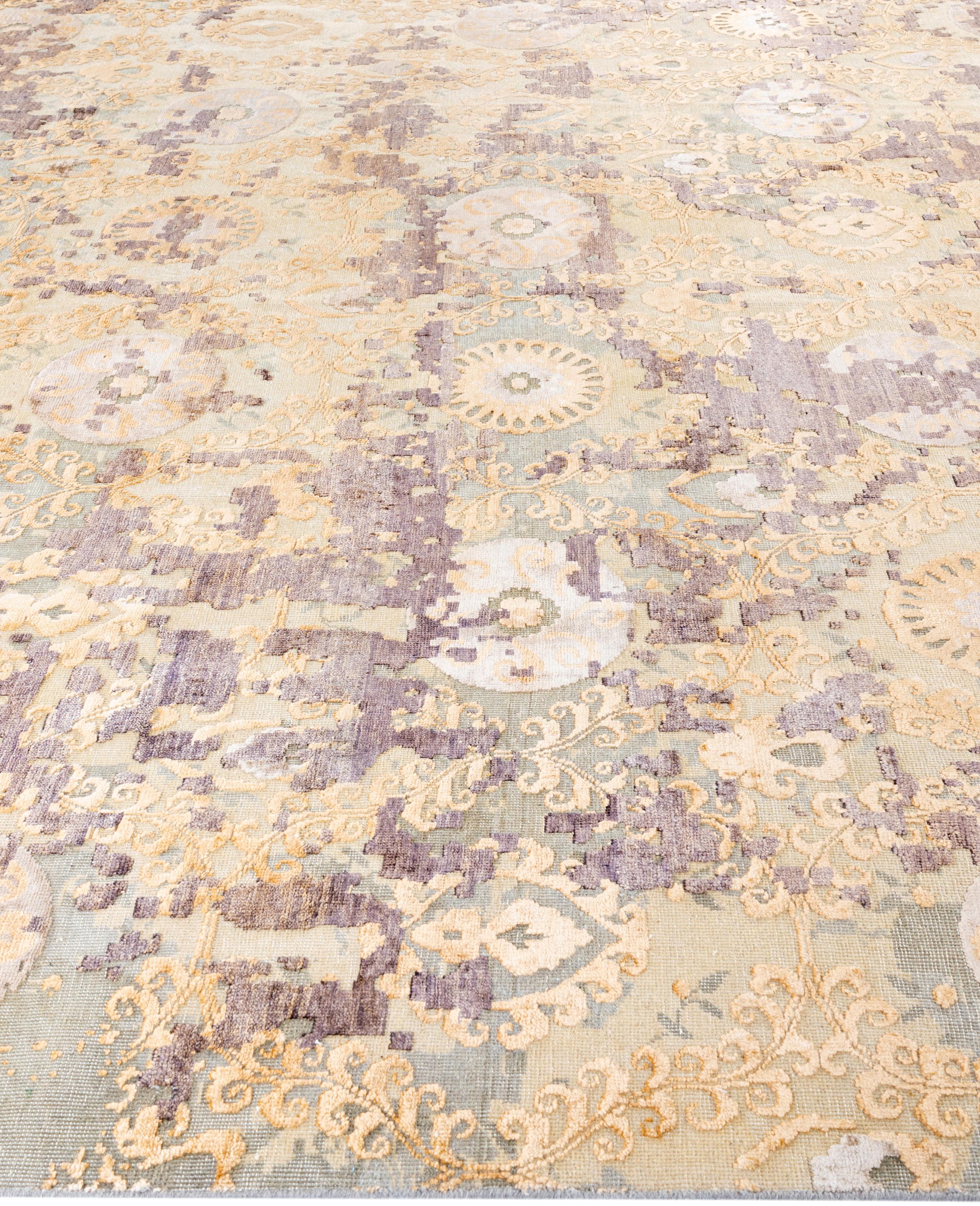 Annodato a mano Traditional Abstract Wool, Silk Hand Knotted Gray Area Rugs 8' 10