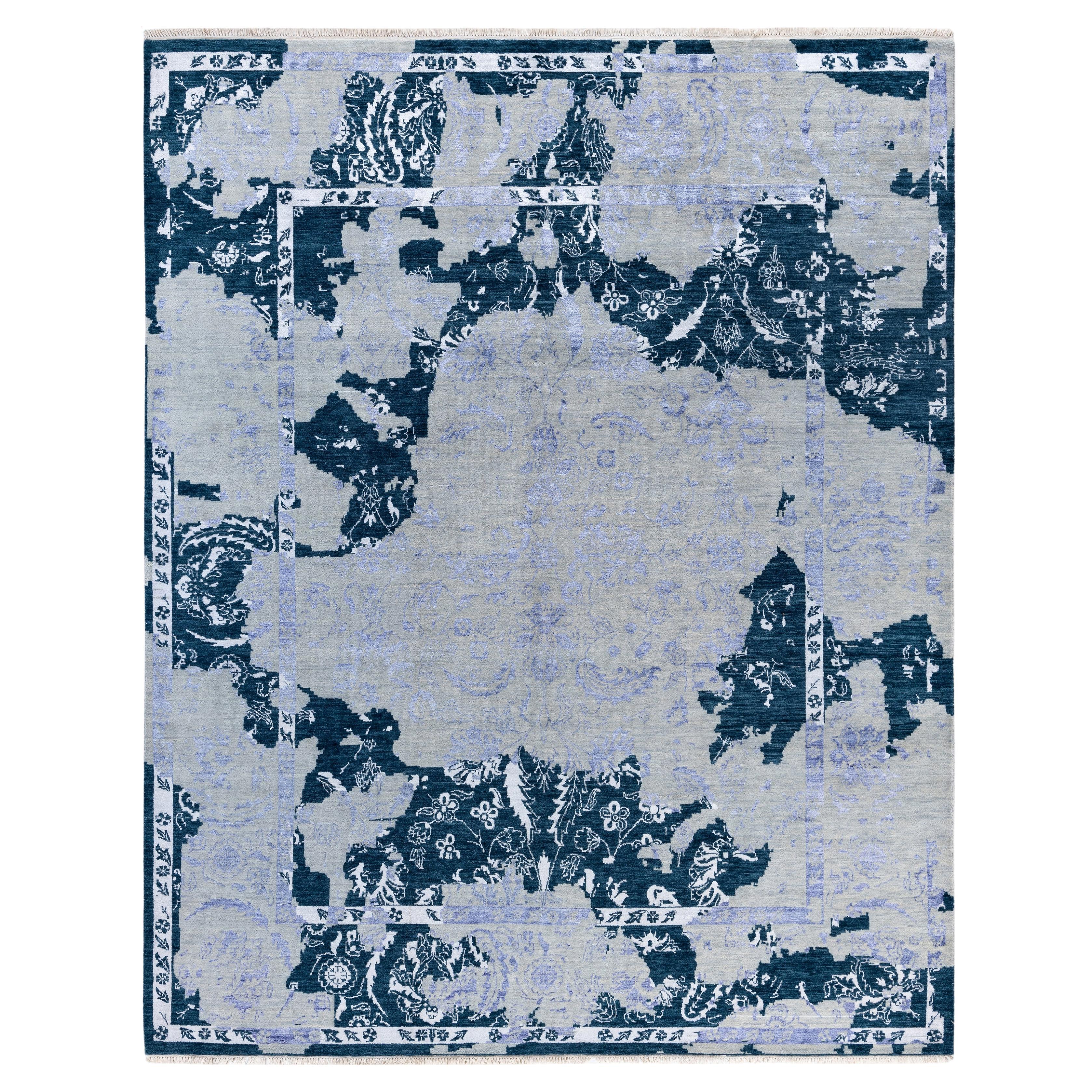 Tapis abstrait traditionnel en laine et soie, noué à la main, de couleur grise 8' 2" x 10' 2".