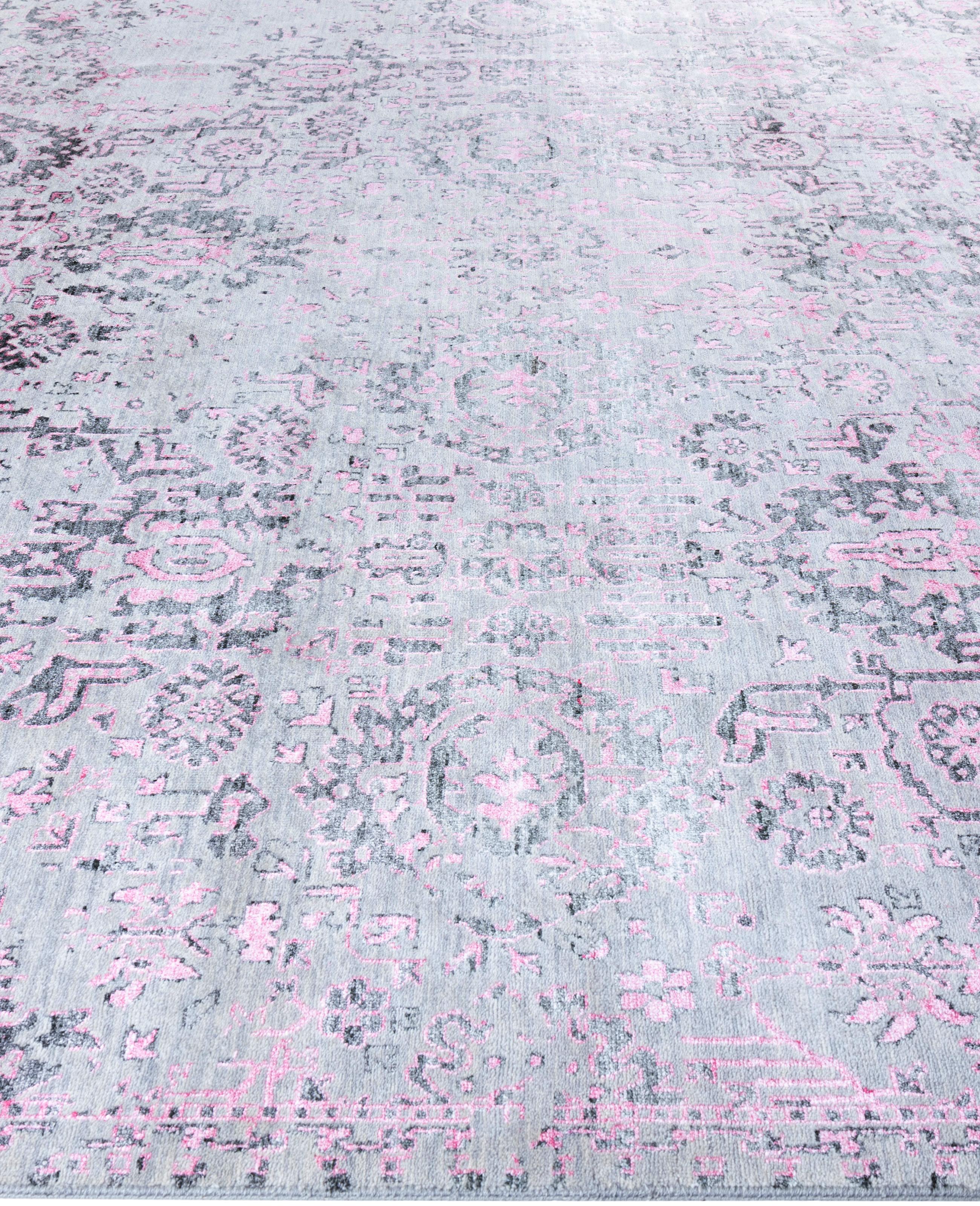 Alfombra tradicional abstracta de lana y seda, anudada a mano, gris 9' 0