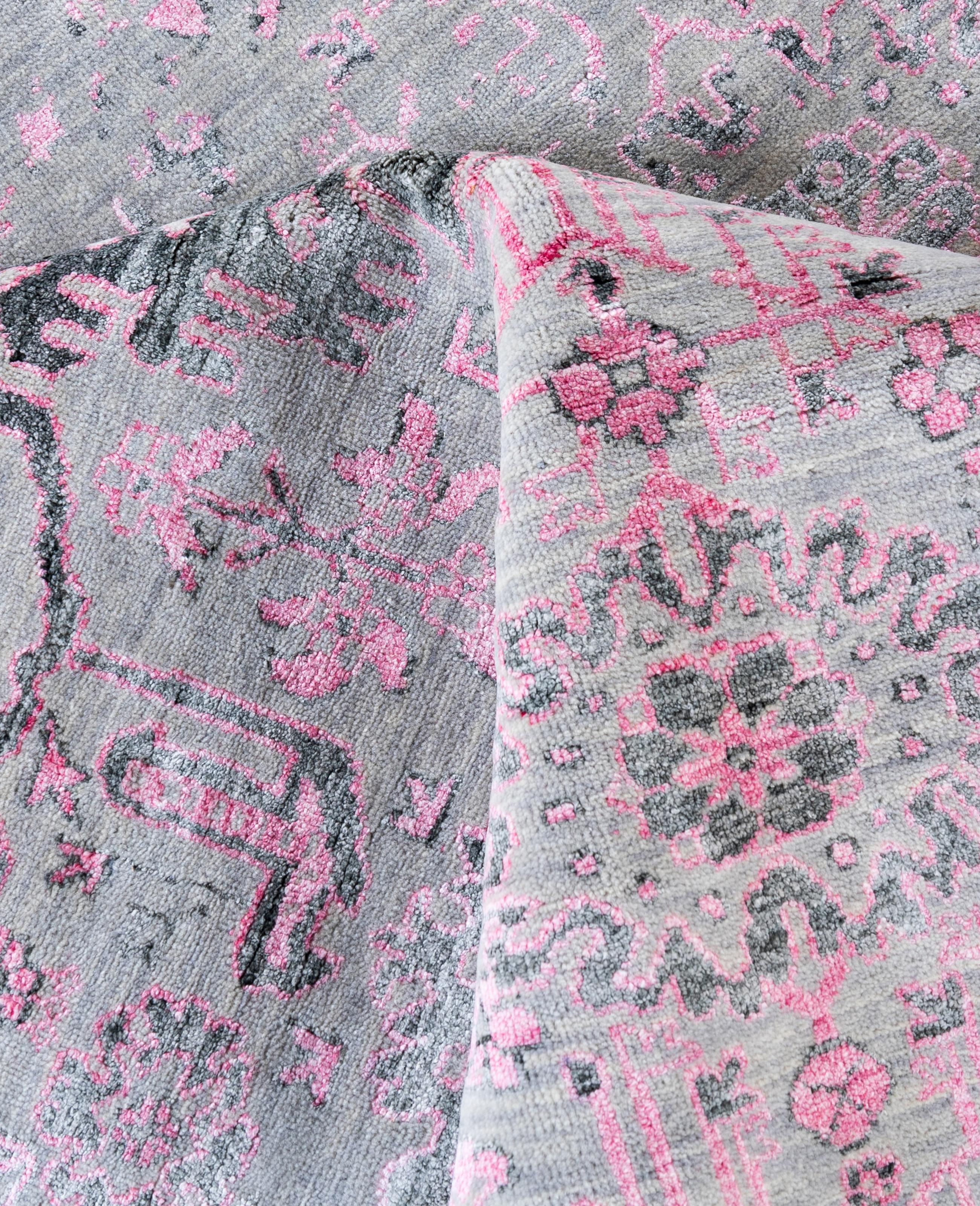 Alfombra tradicional abstracta de lana y seda, anudada a mano, gris 9' 0