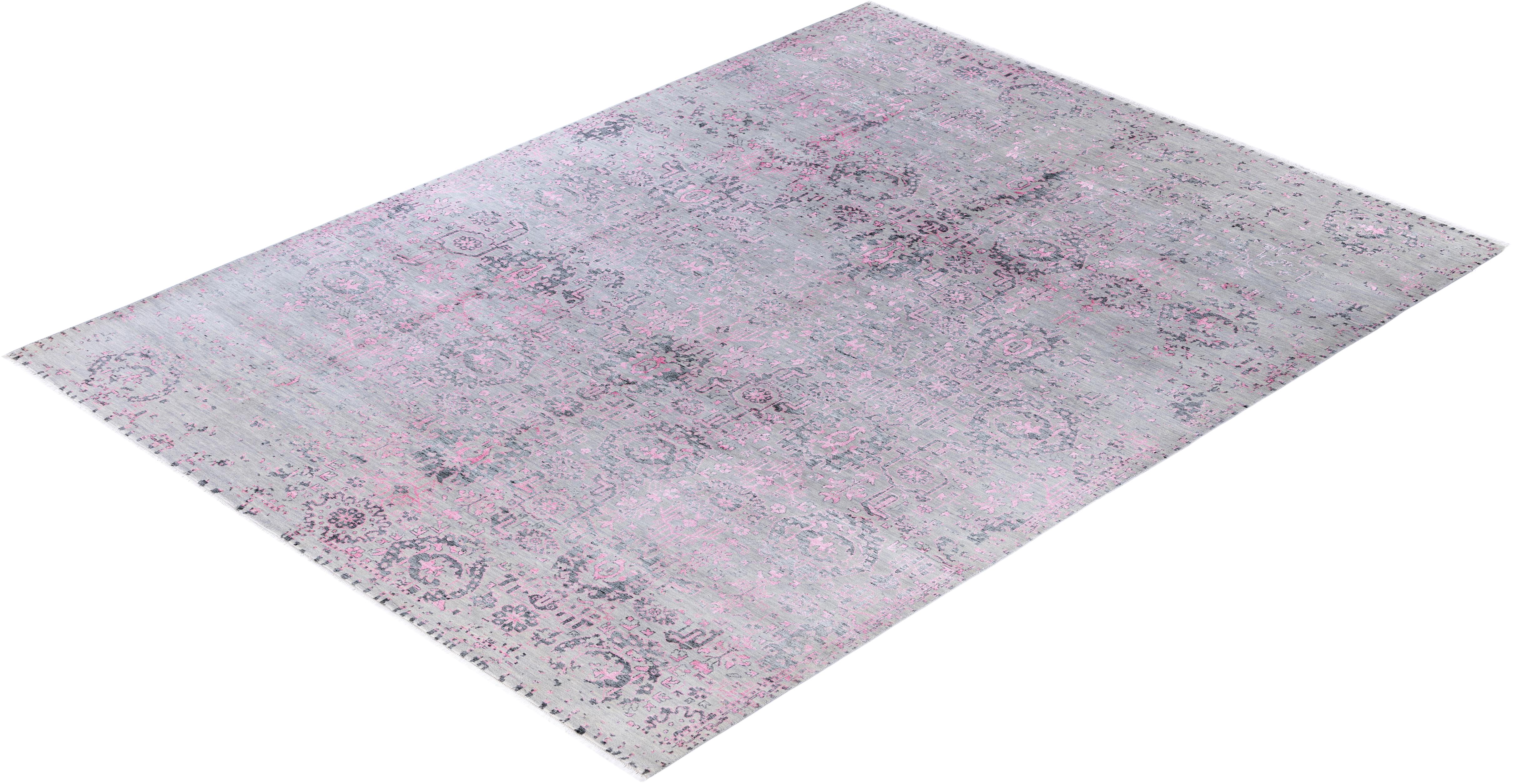 Alfombra tradicional abstracta de lana y seda, anudada a mano, gris 9' 0
