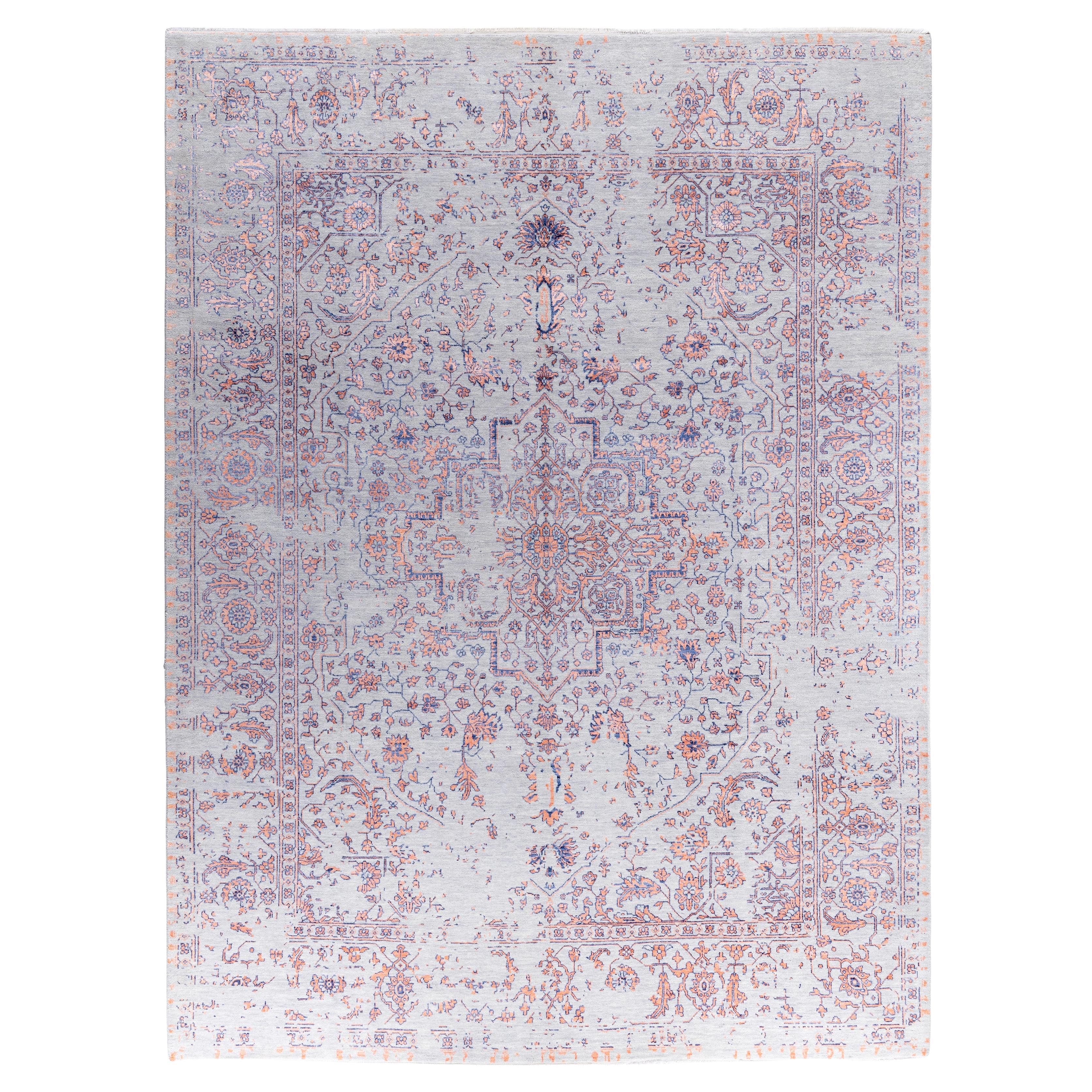 Tapis traditionnel abstrait en laine et soie noué à la main gris 9' 0" x 11' 10"