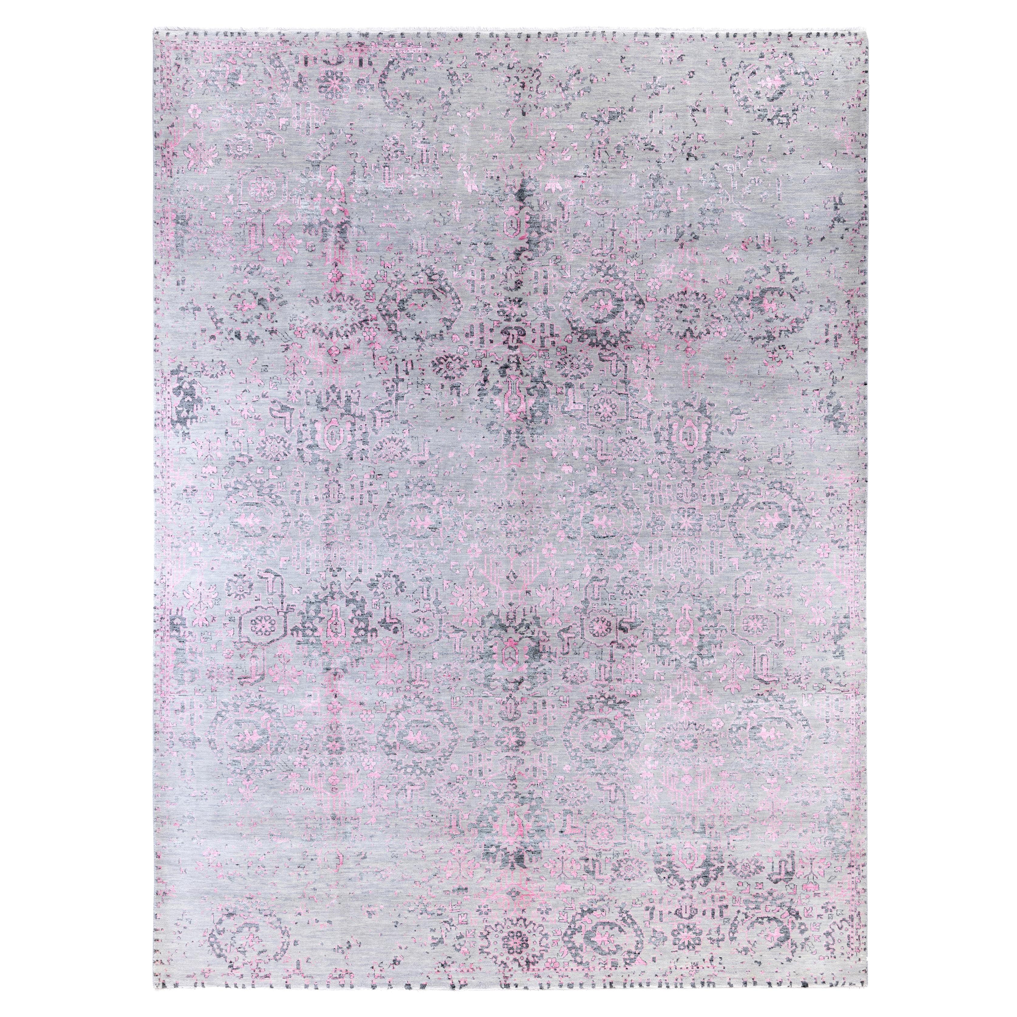 Alfombra tradicional abstracta de lana y seda, anudada a mano, gris 9' 0" x 11' 10 en venta