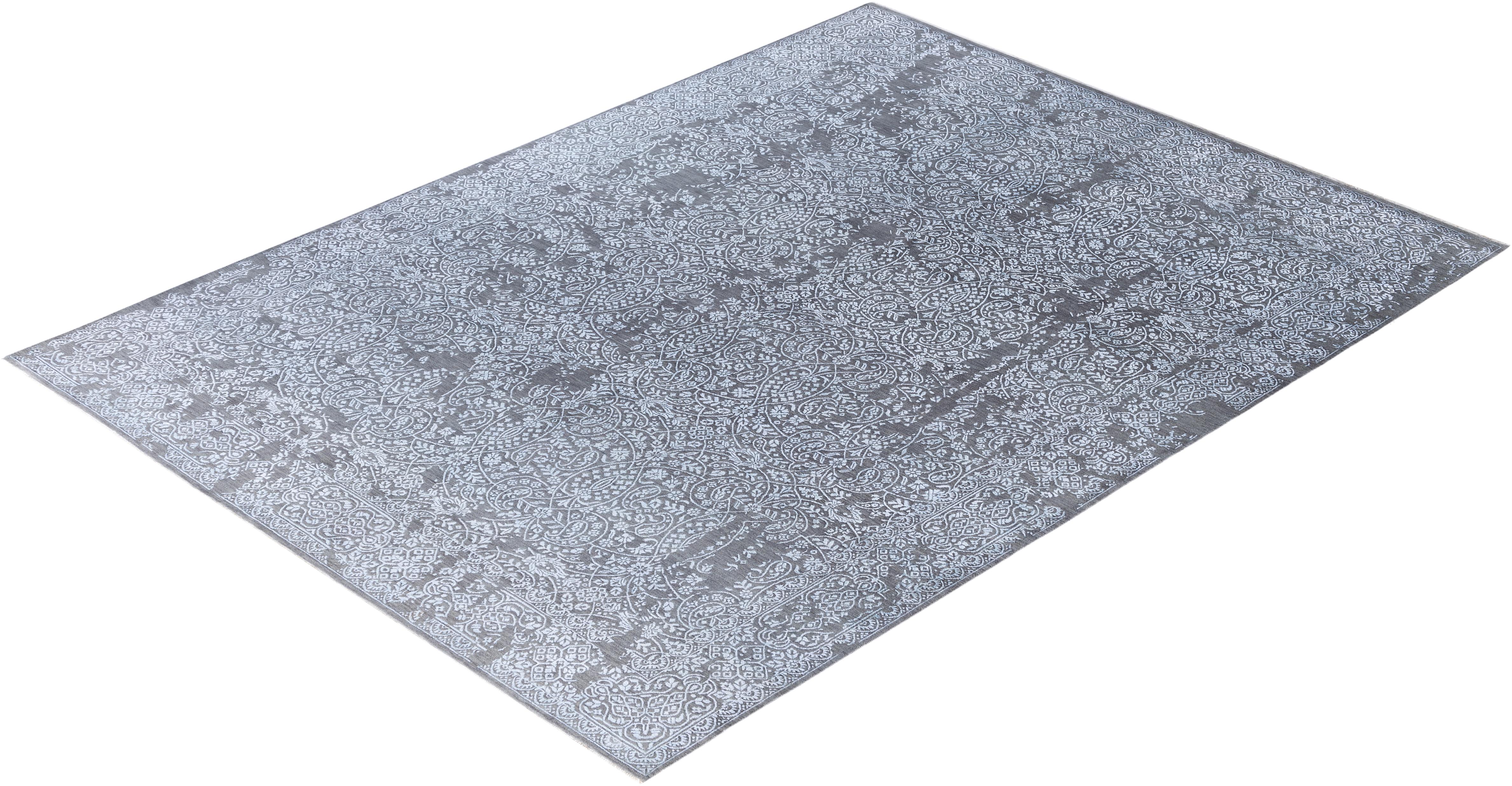 Traditional Abstract Wool, Silk Hand Knoted Gray Area Rugs 9' 0