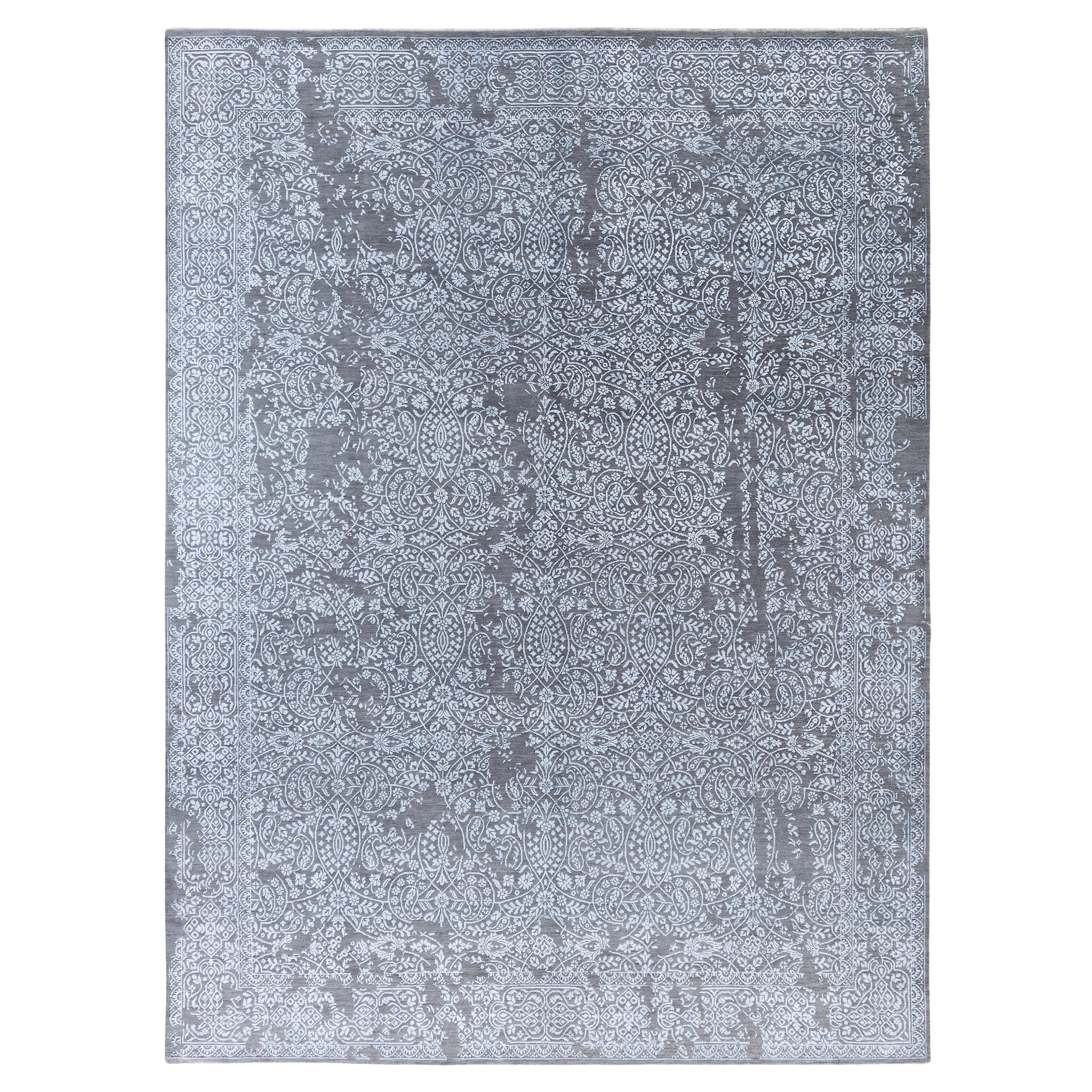 Tapis traditionnel abstrait en laine et soie noué à la main gris 9' 0" x 12' 1"