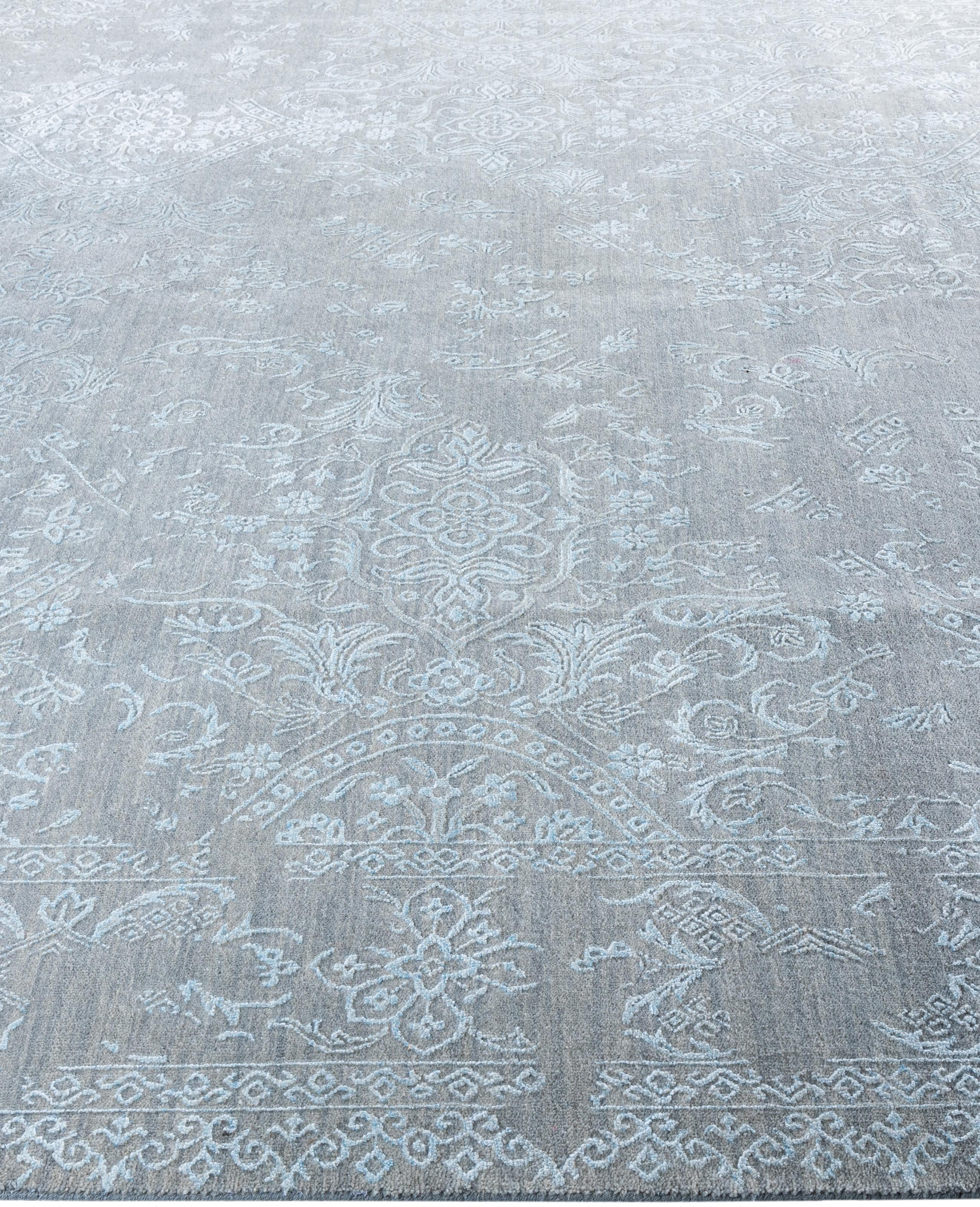 Annodato a mano Traditional Abstract Wool, Silk Hand Knotted Gray Area Rugs 9' 0