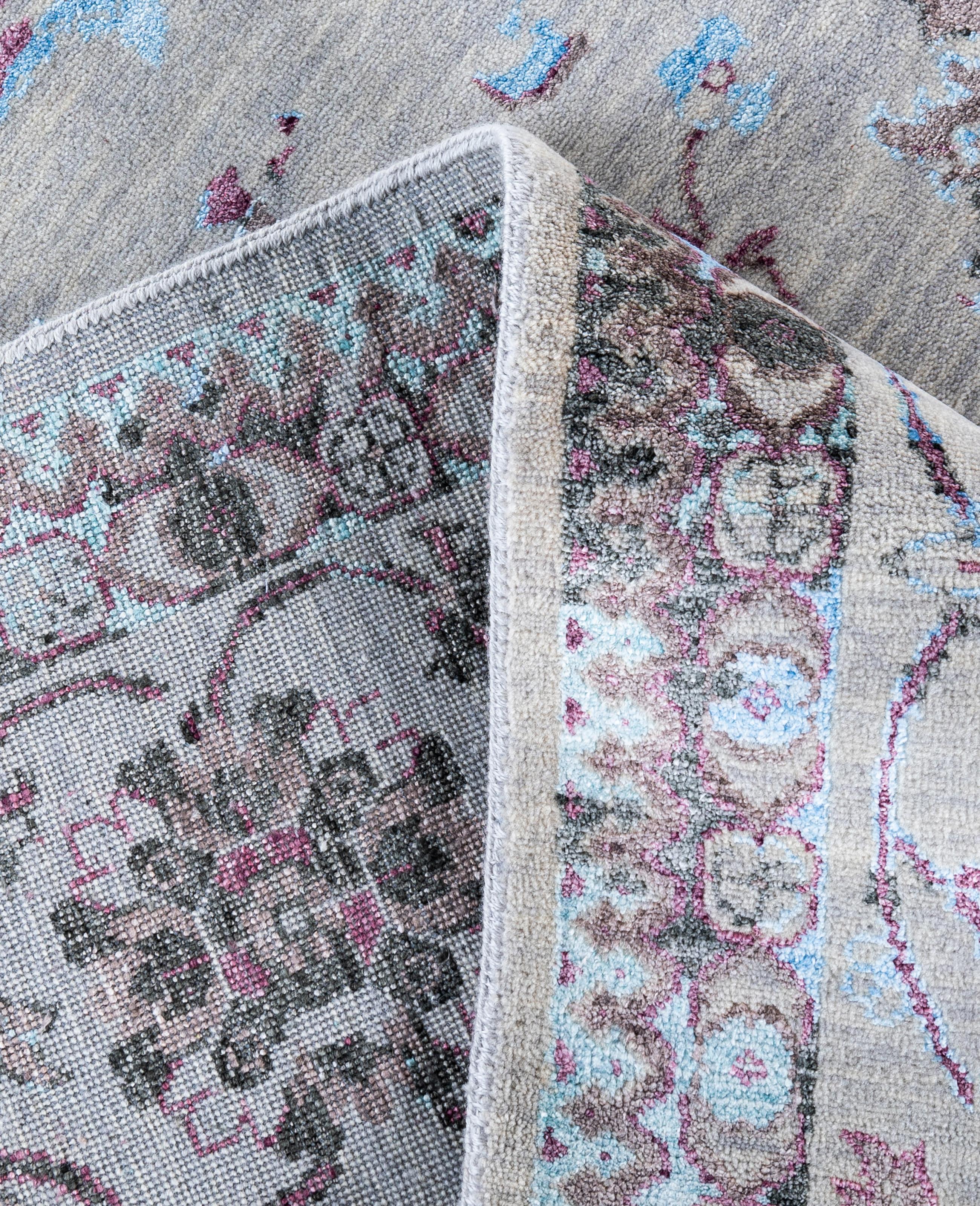 XXI secolo e contemporaneo Traditional Abstract Wool, Silk Hand Knoted Gray Area Rugs 9' 1