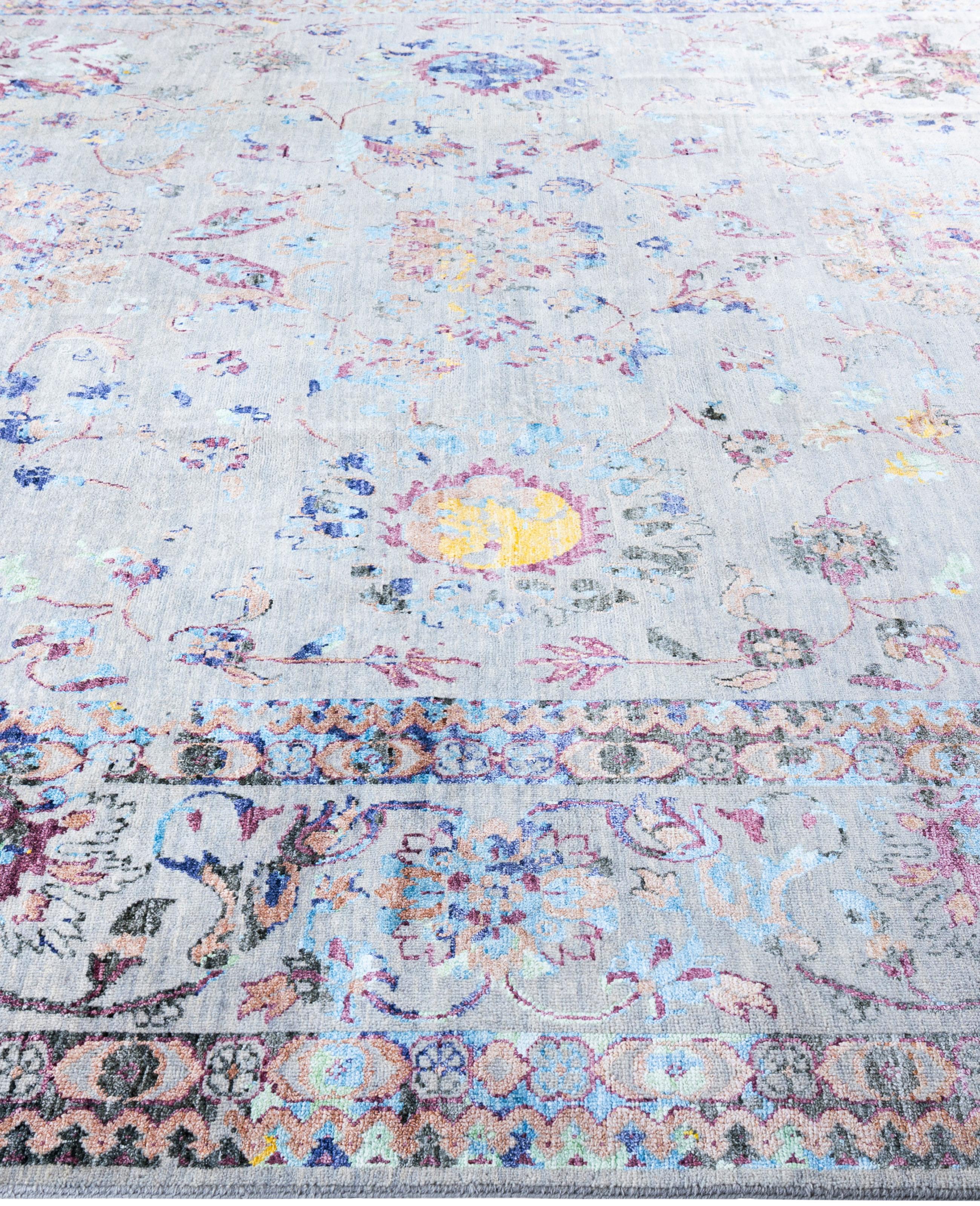 Annodato a mano Traditional Abstract Wool, Silk Hand Knoted Gray Area Rugs 9' 1