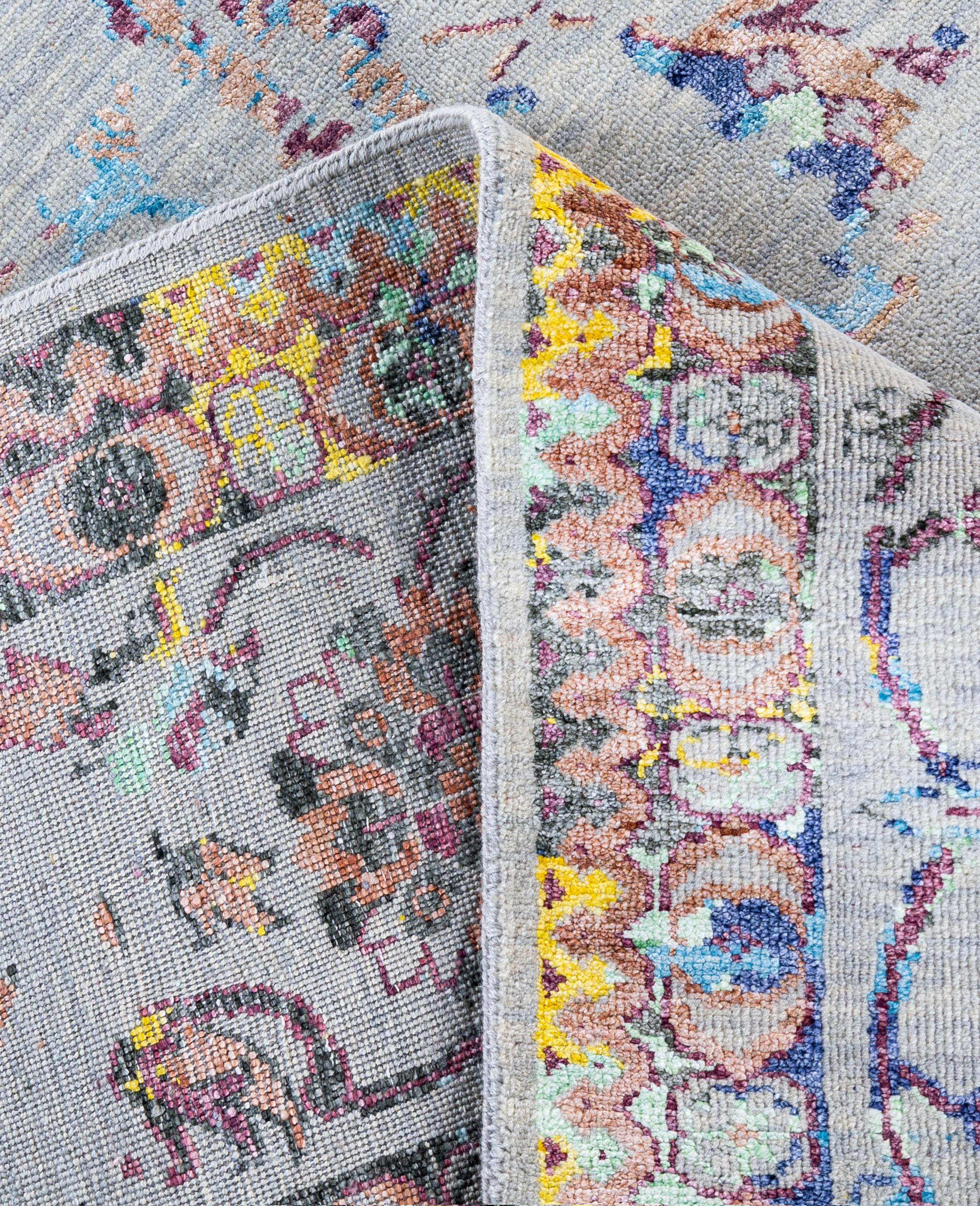XXI secolo e contemporaneo Traditional Abstract Wool, Silk Hand Knoted Gray Area Rugs 9' 1