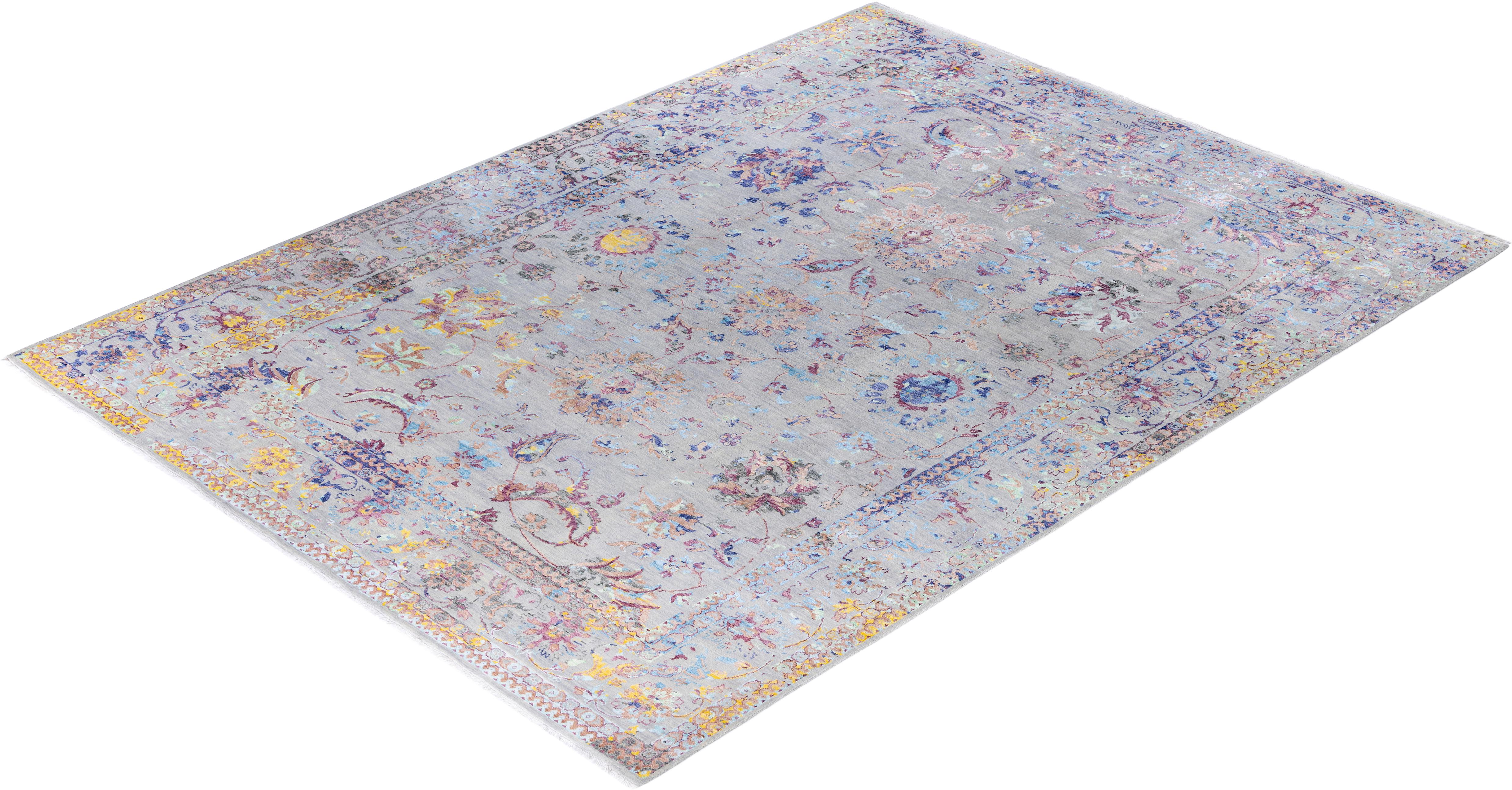 Traditional Abstract Wool, Silk Hand Knoted Gray Area Rugs 9' 1