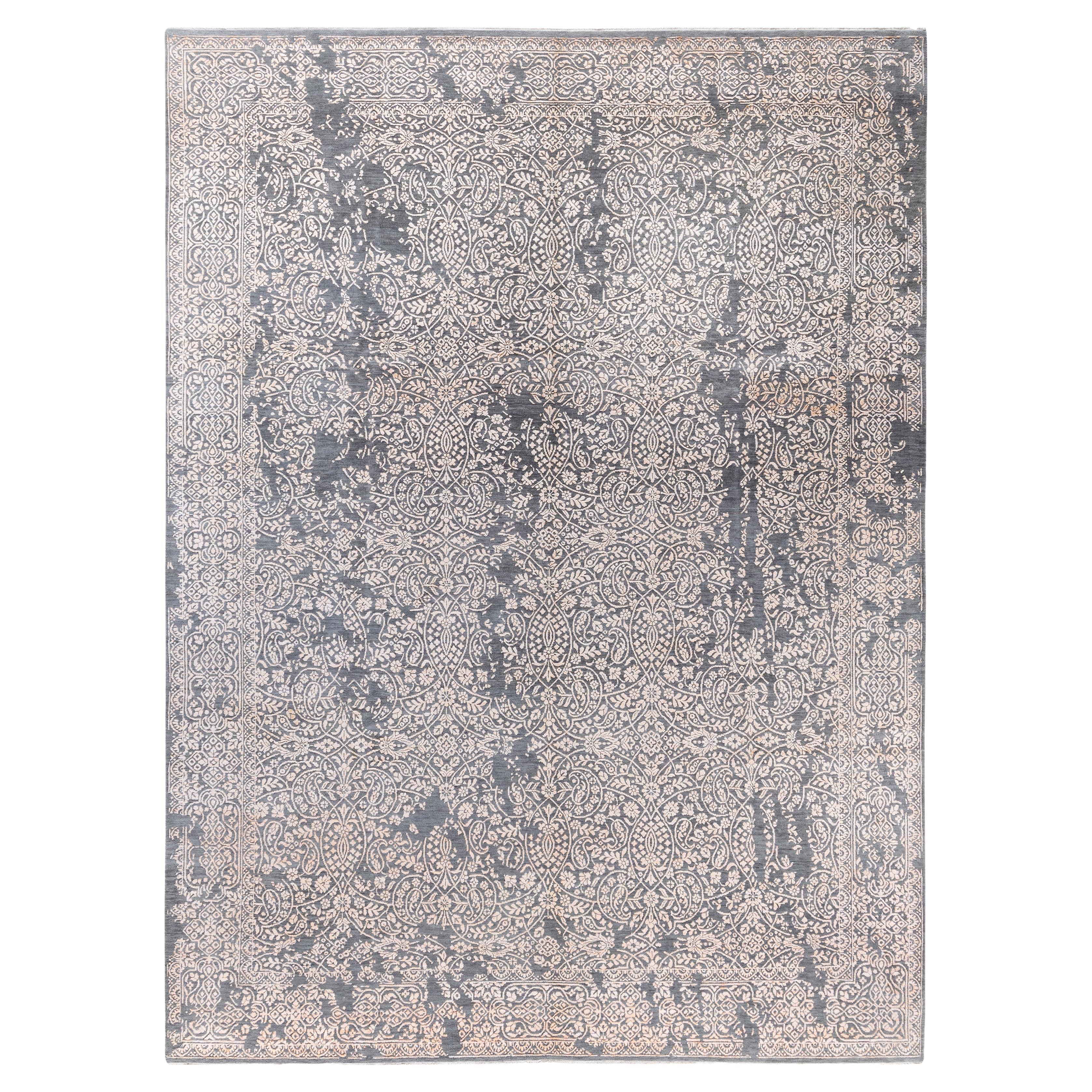 Tapis traditionnel abstrait en laine et soie noué à la main gris 9' 1" x 12' 3"