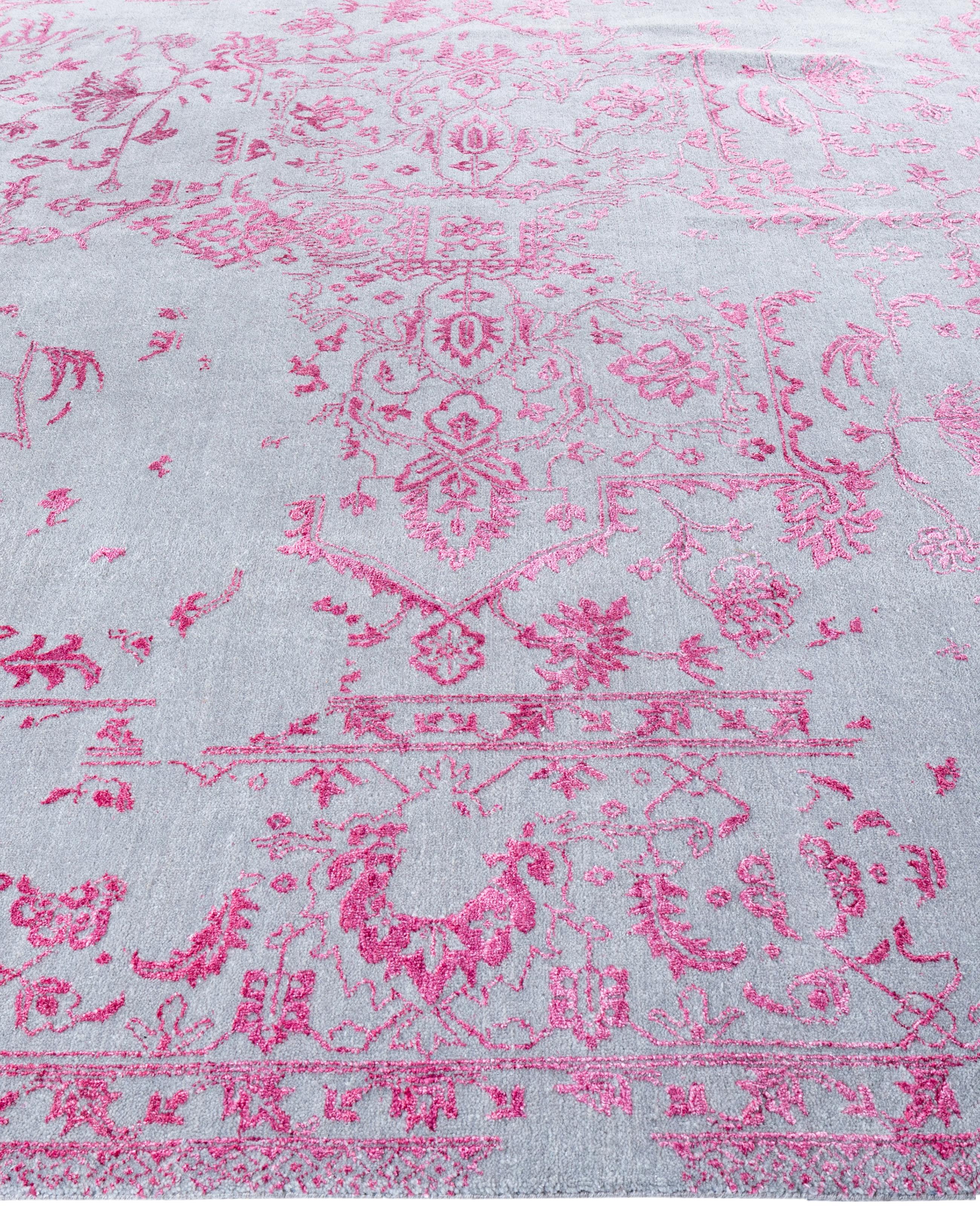 Alfombra Tradicional Abstracta de Lana y Seda Anudada a Mano, Gris 9' 2