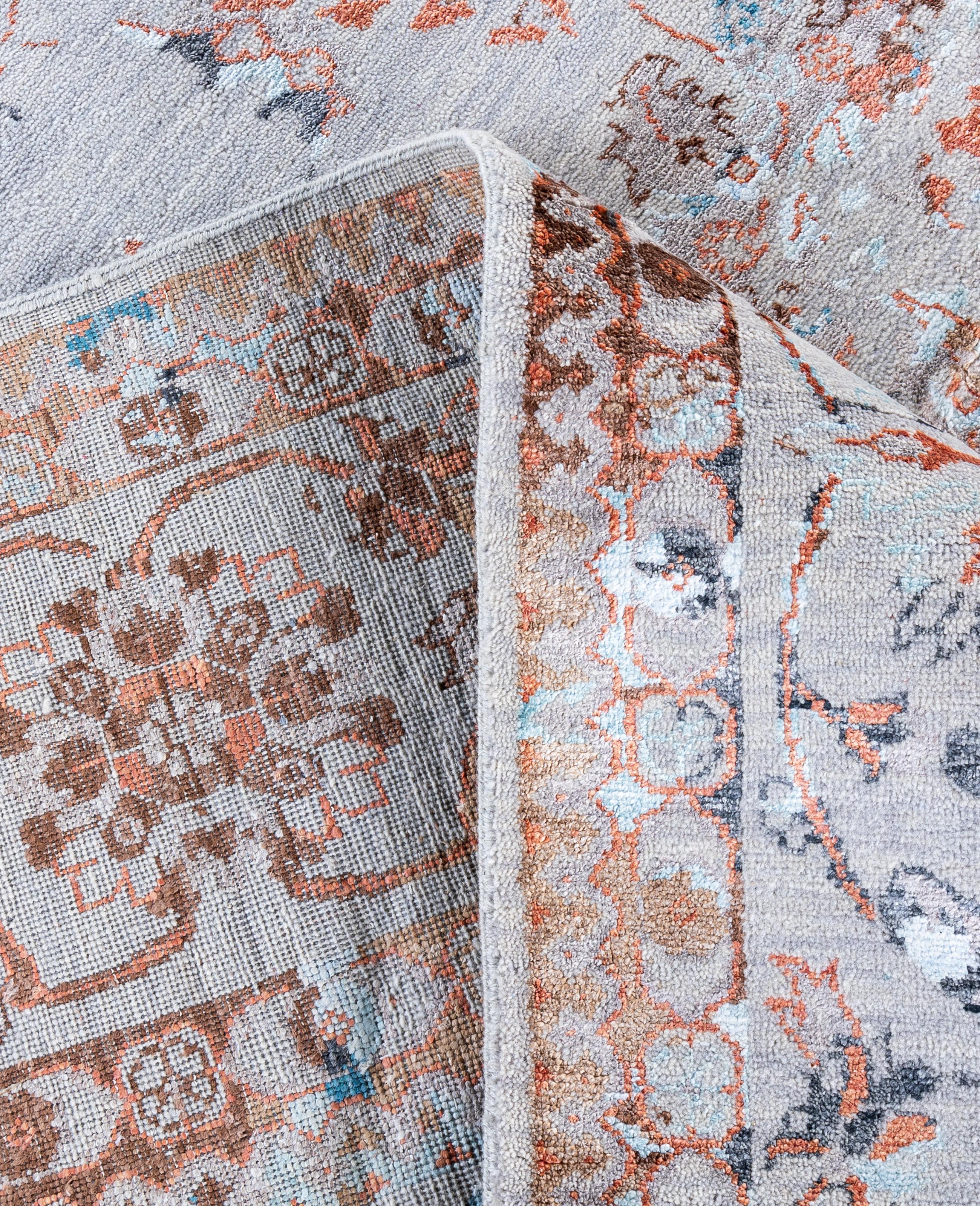 XXI secolo e contemporaneo Traditional Abstract Wool, Silk Hand Knoted Gray Area Rugs 9' 2