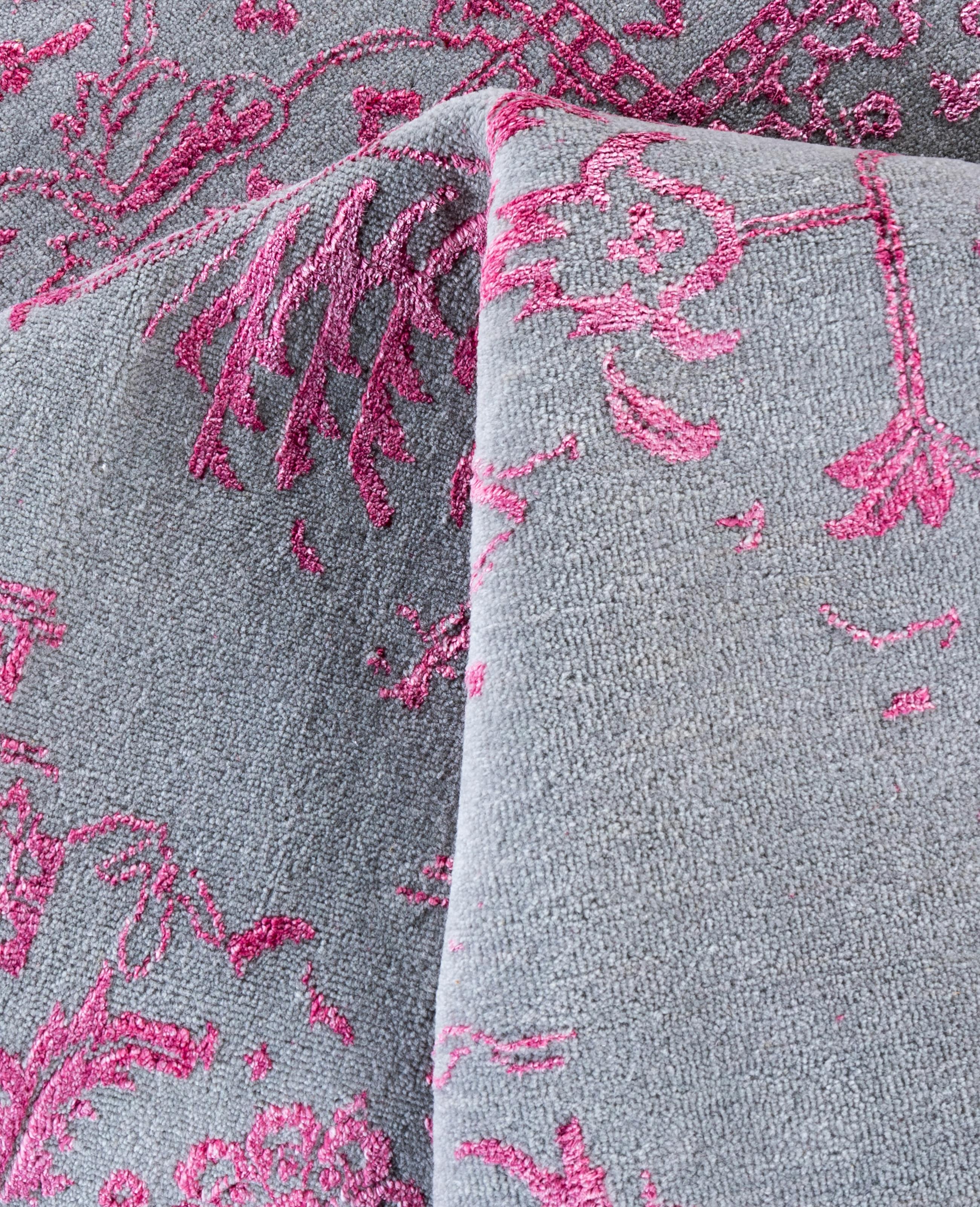 Alfombra Tradicional Abstracta de Lana y Seda Anudada a Mano, Gris 9' 2