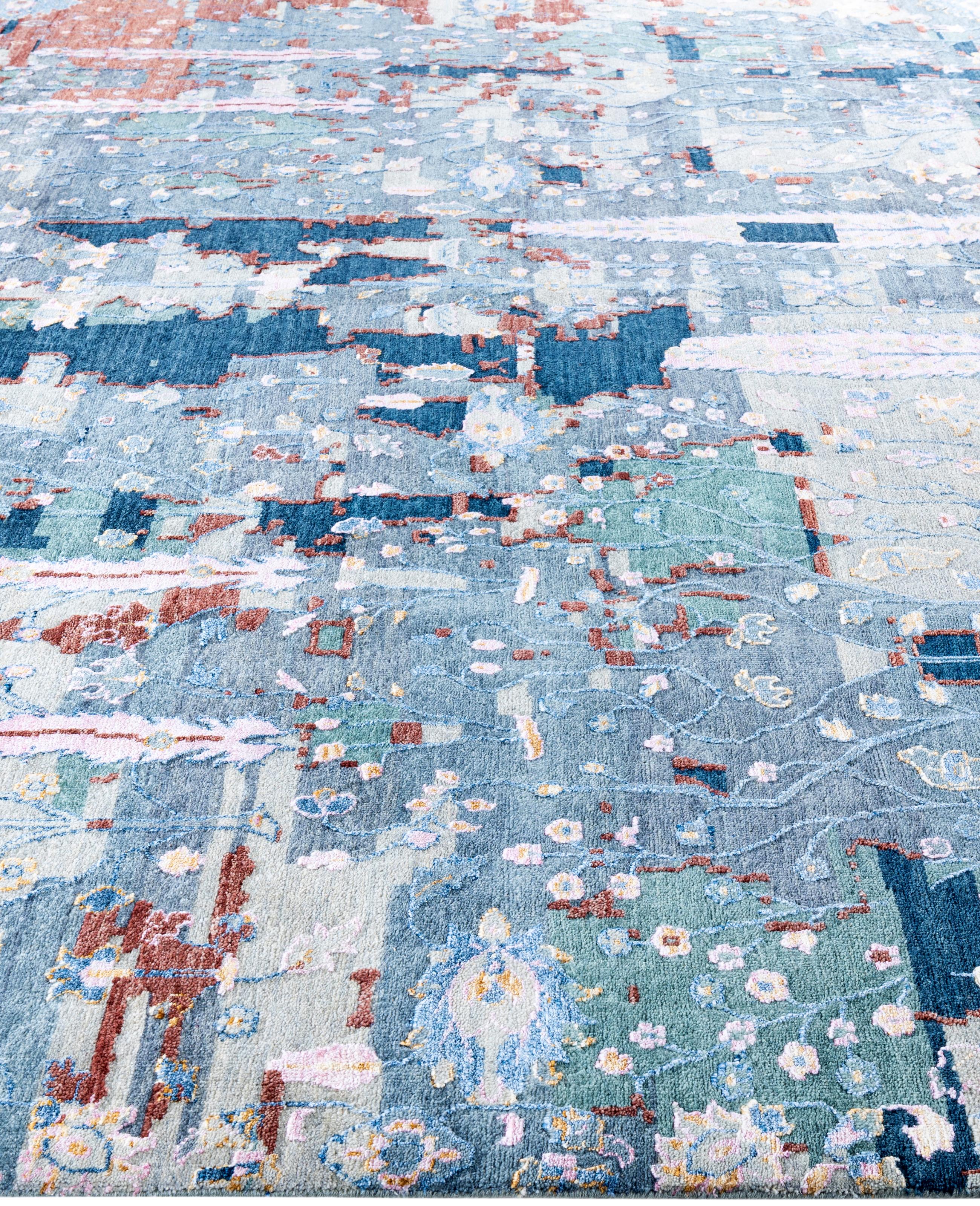 Noué à la main Tapis traditionnel abstrait en laine et soie noué à la main gris 9' 2