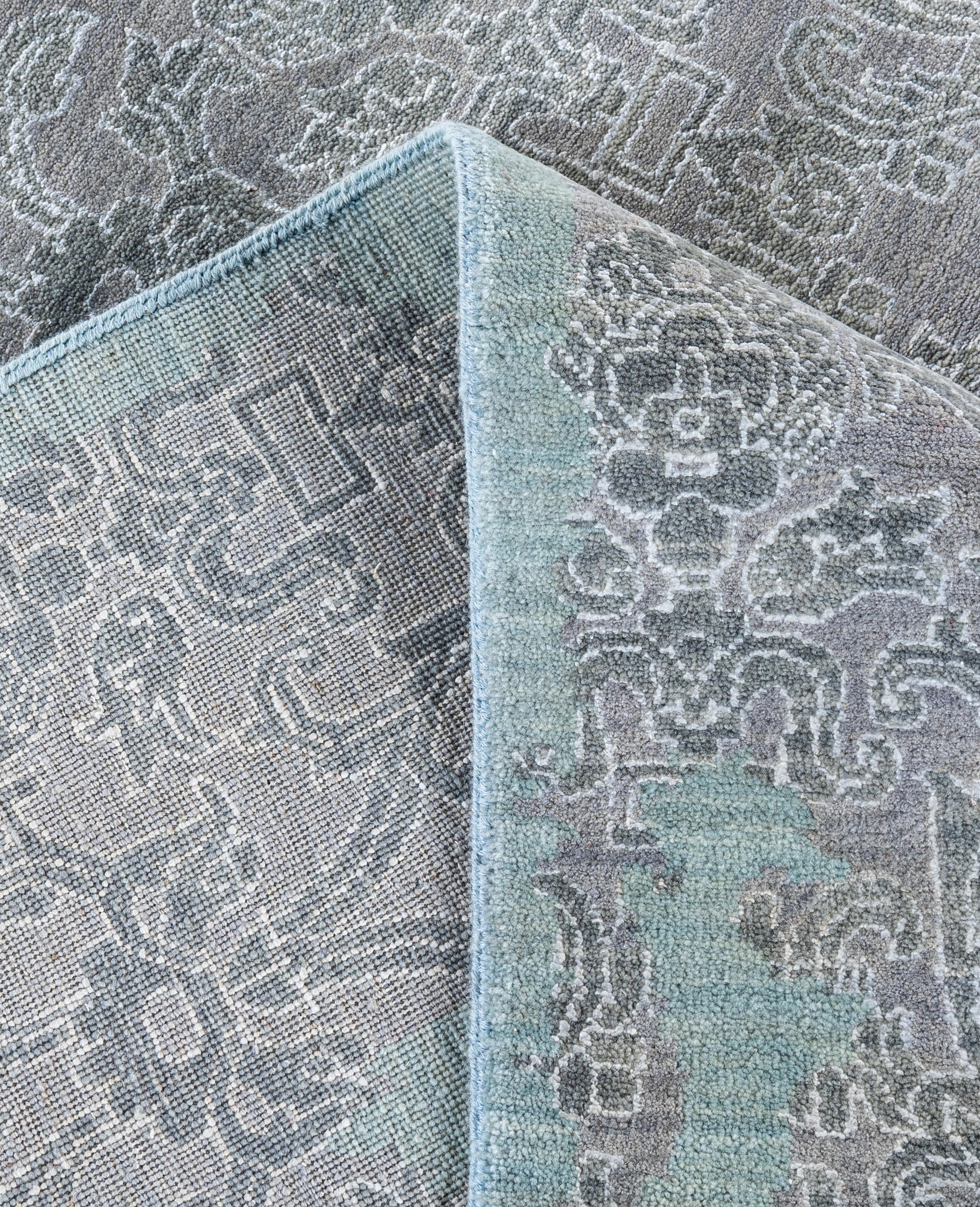 XXI secolo e contemporaneo Traditional Abstract Wool, Silk Hand Knotted Gray Area Rugs 9' 2