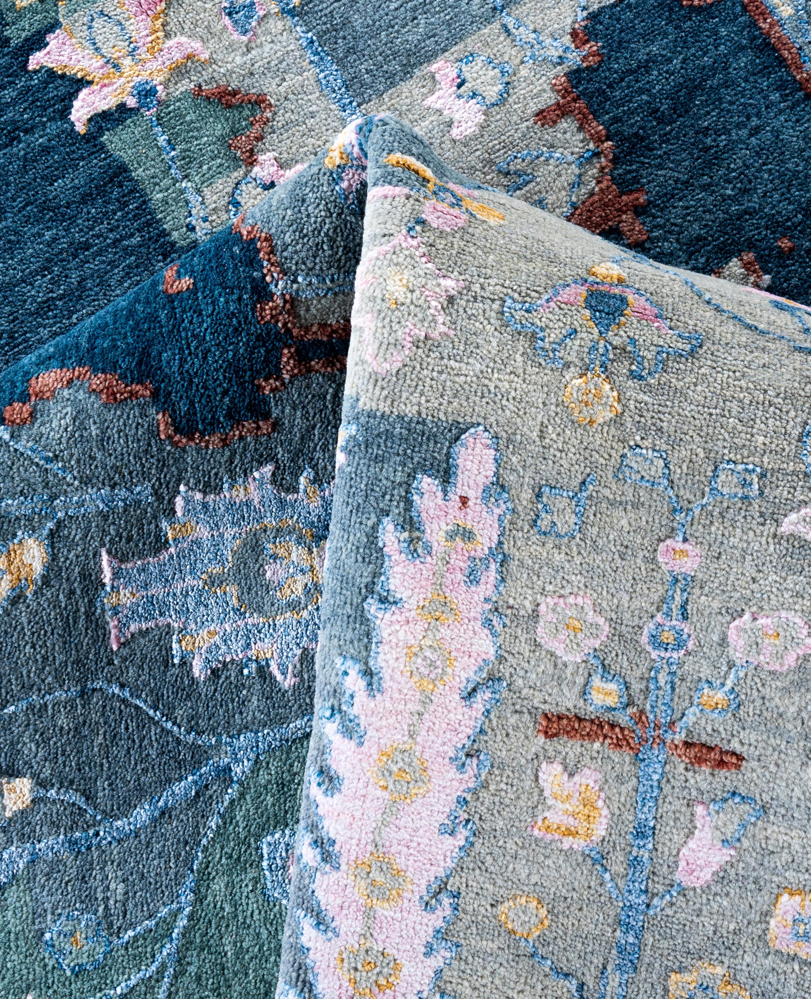 Laine Tapis traditionnel abstrait en laine et soie noué à la main gris 9' 2