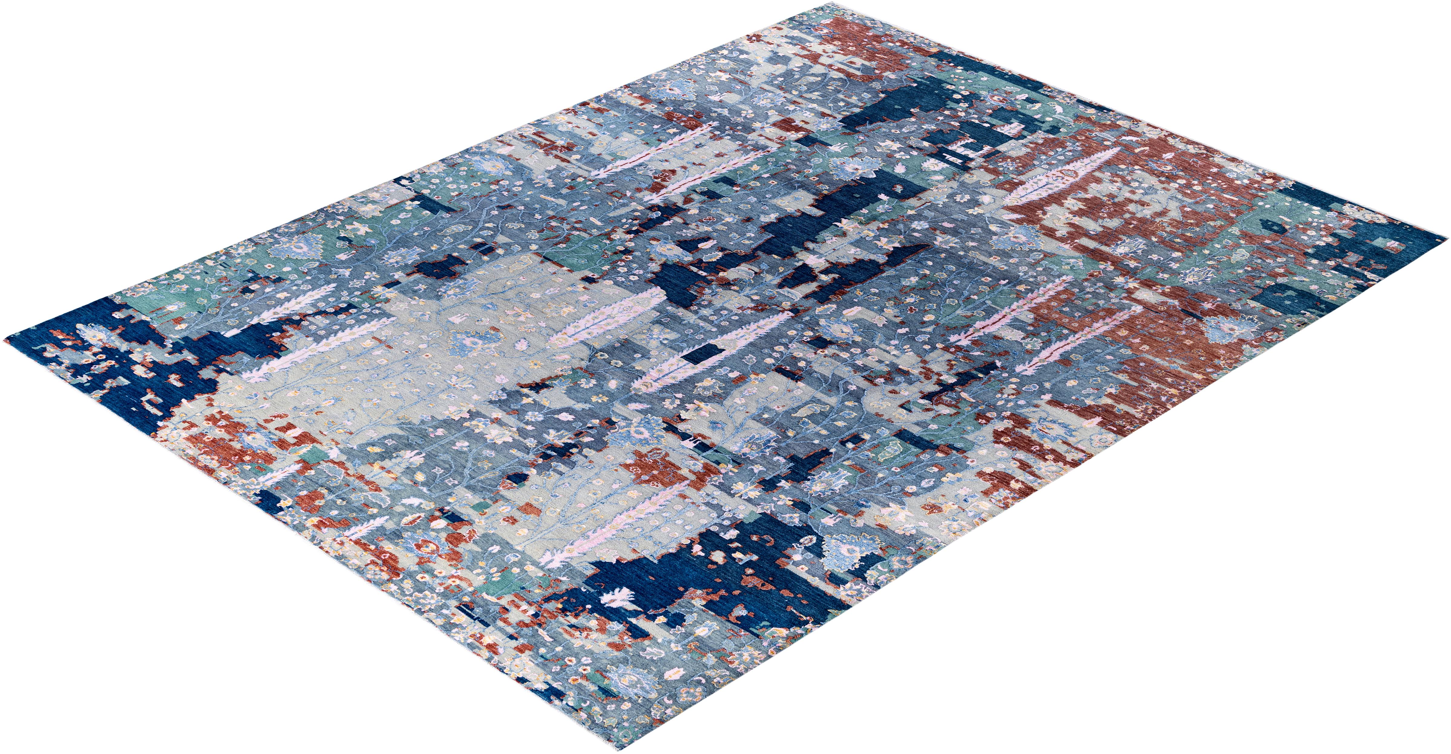 Tapis traditionnel abstrait en laine et soie noué à la main gris 9' 2