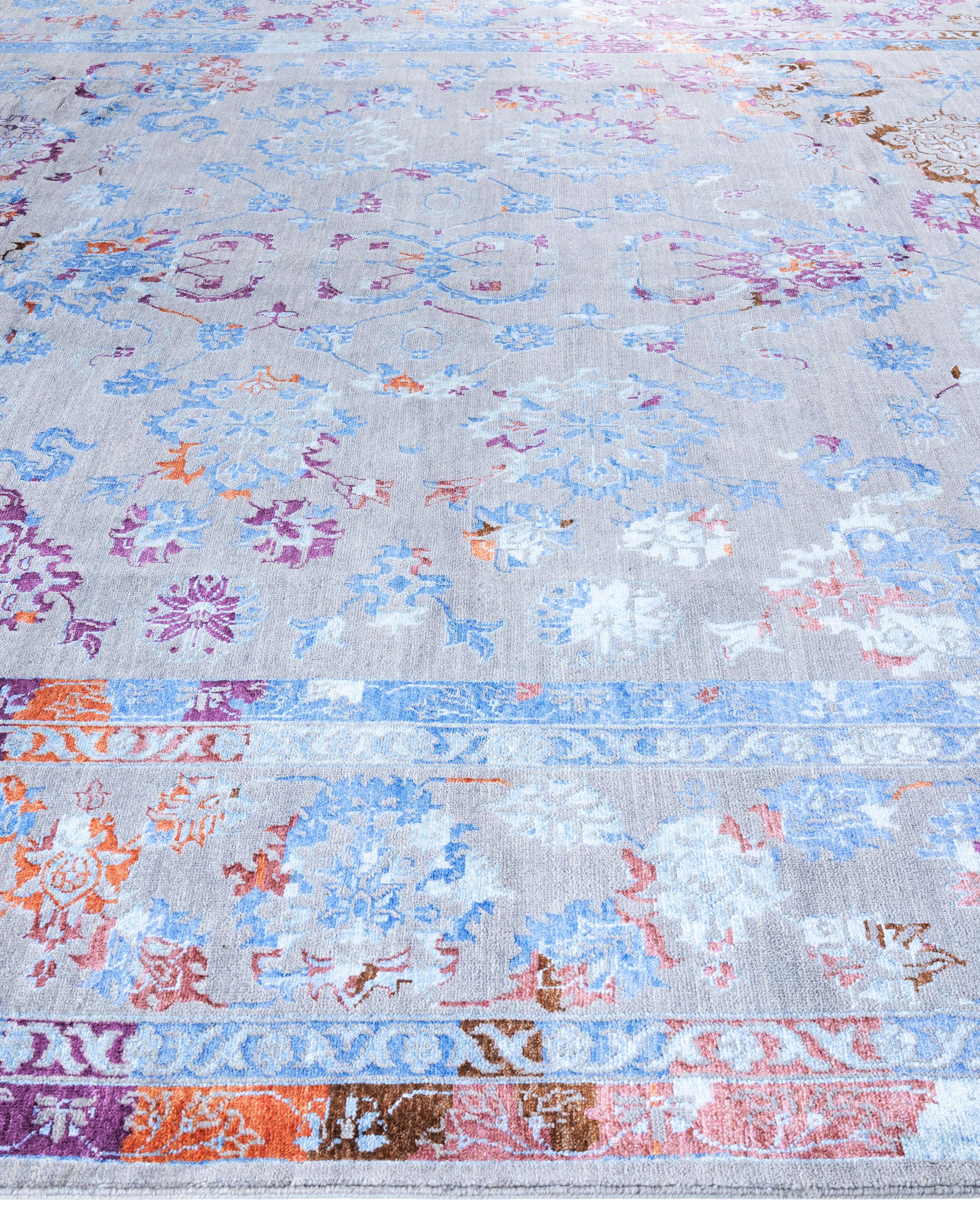 Annodato a mano Traditional Abstract Wool, Silk Hand Knoted Gray Area Rugs 9' 3