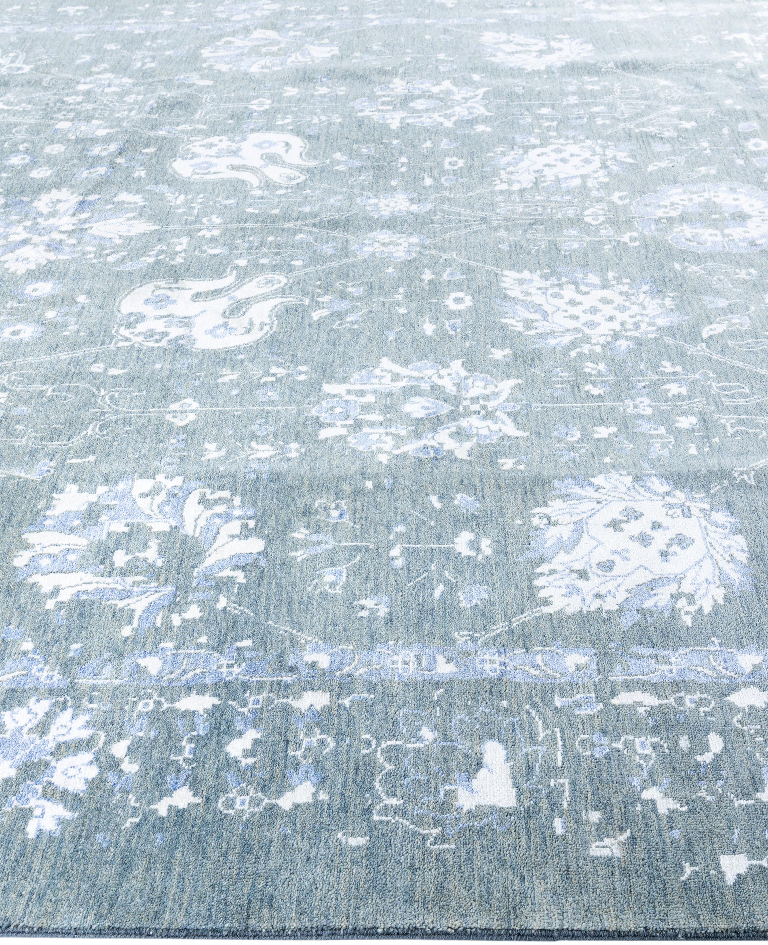 Noué à la main Tapis traditionnel abstrait en laine et soie noué à la main vert 9' 0