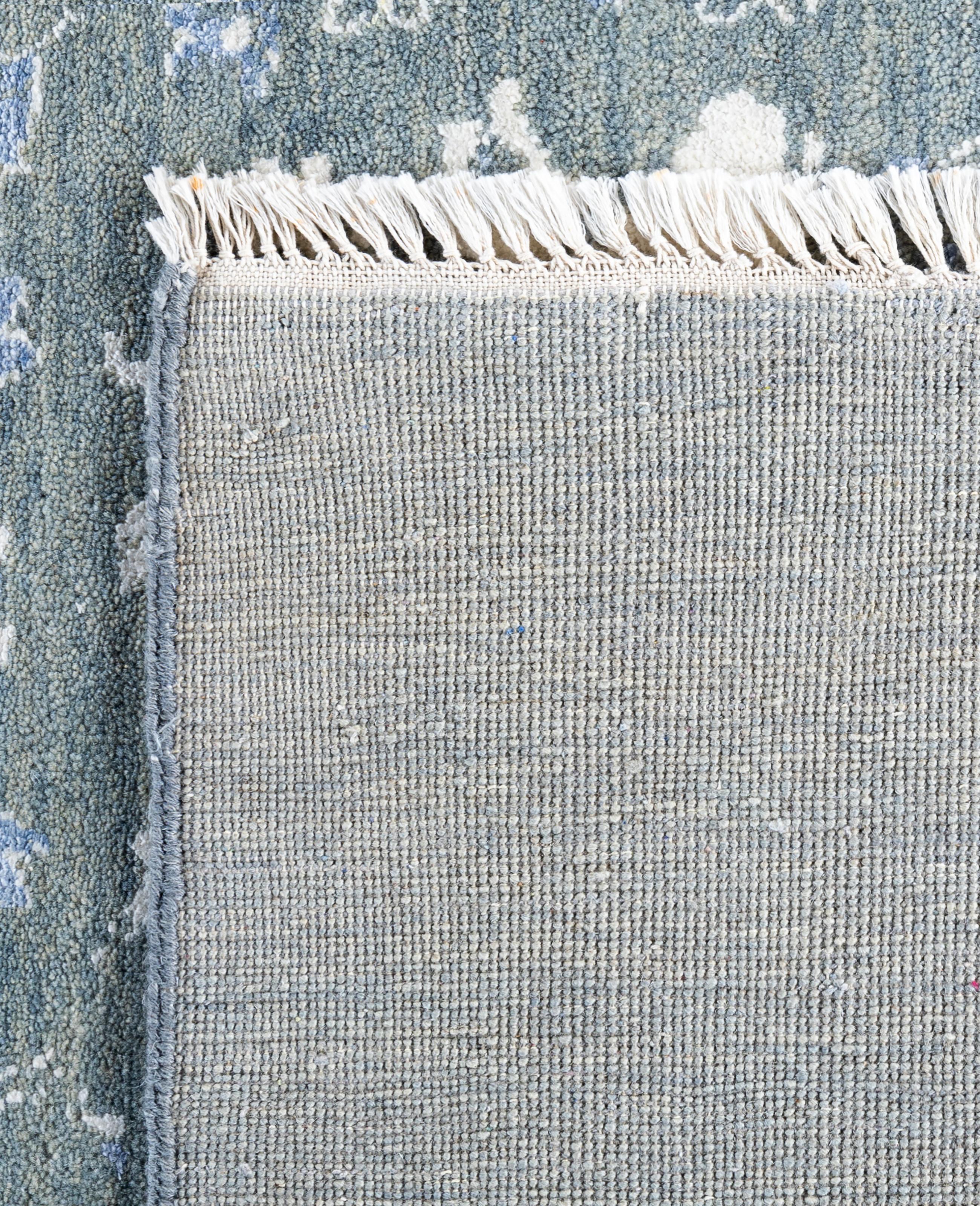 Tapis traditionnel abstrait en laine et soie noué à la main vert 9' 0