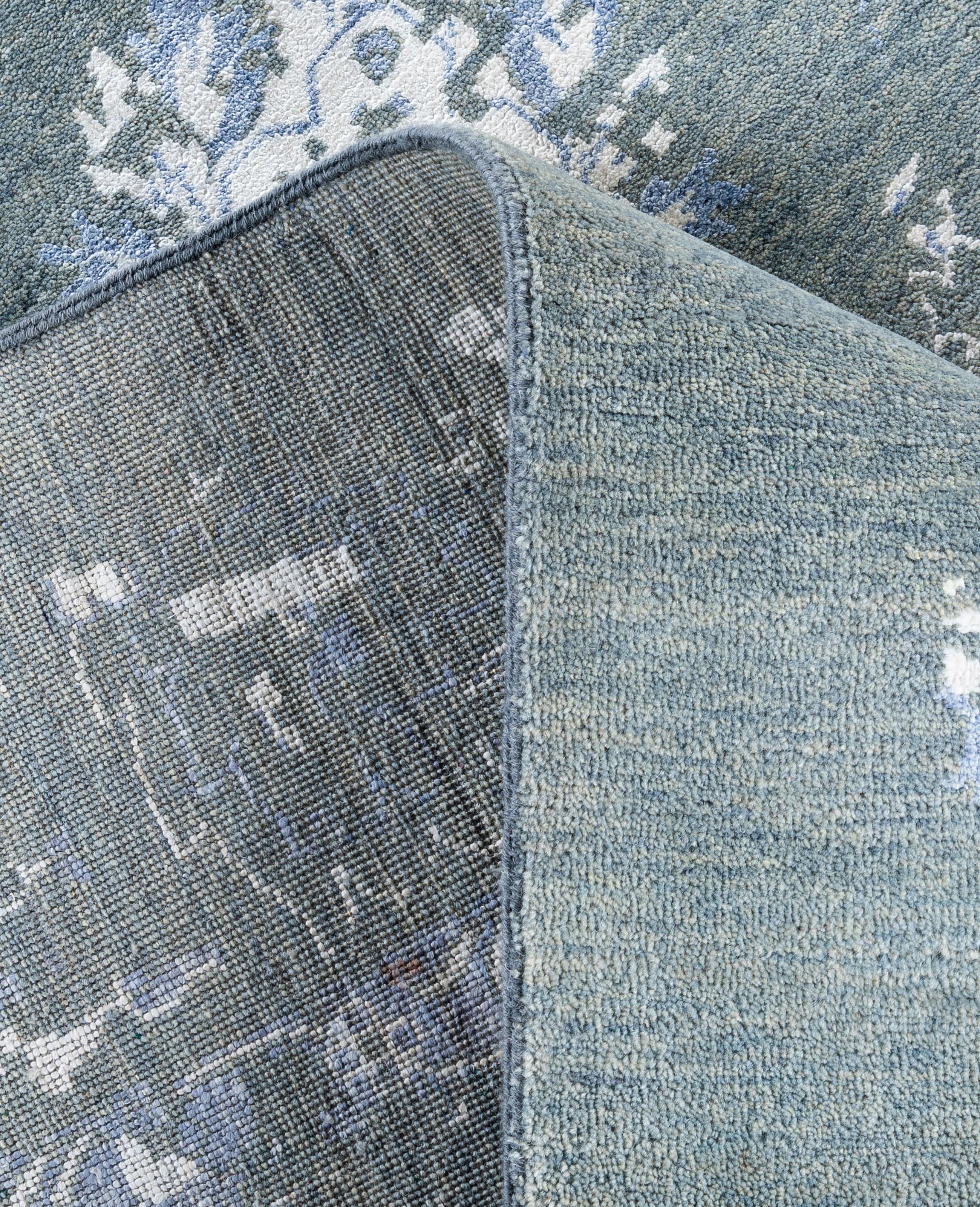 XXIe siècle et contemporain Tapis traditionnel abstrait en laine et soie noué à la main vert 9' 0