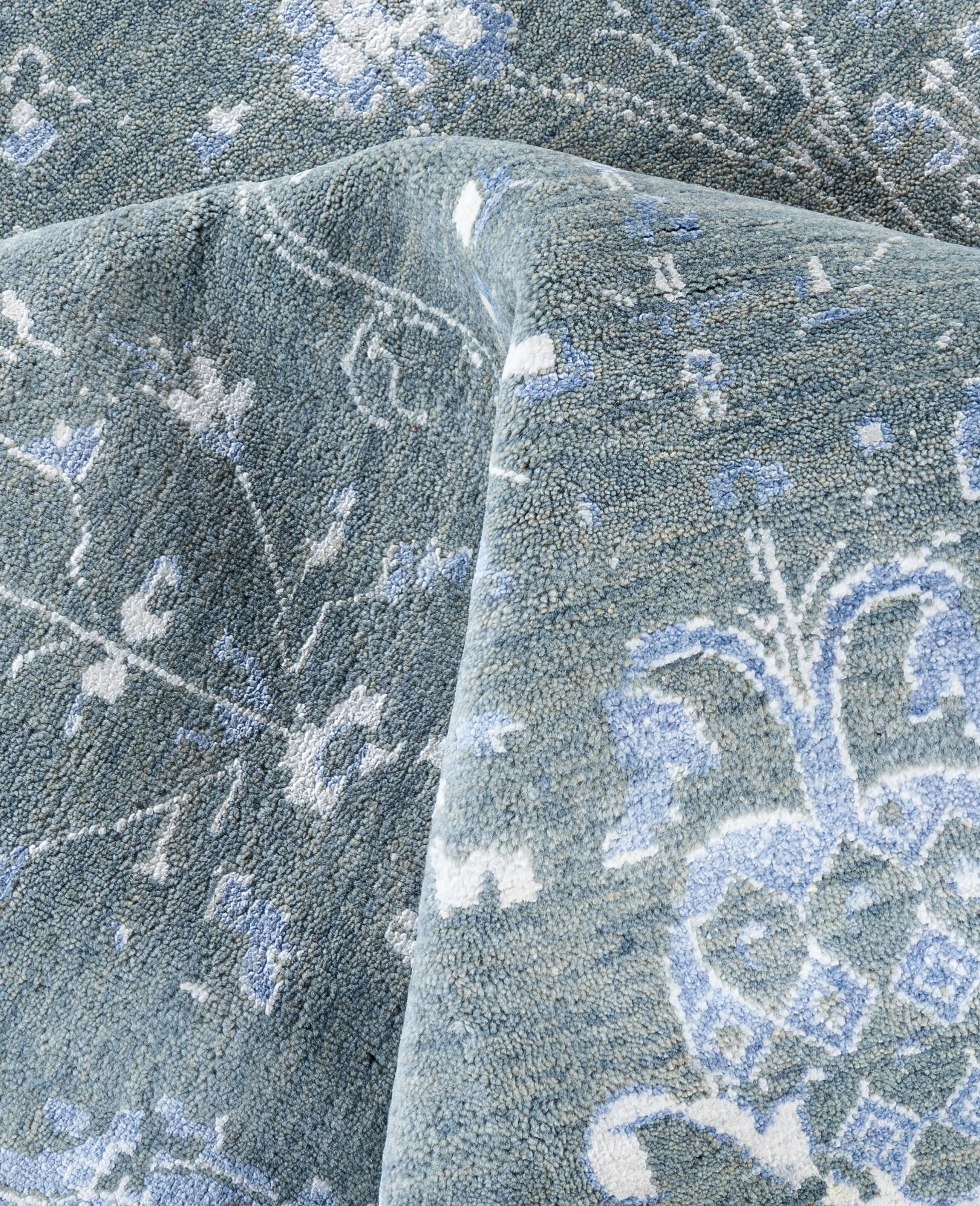 Laine Tapis traditionnel abstrait en laine et soie noué à la main vert 9' 0