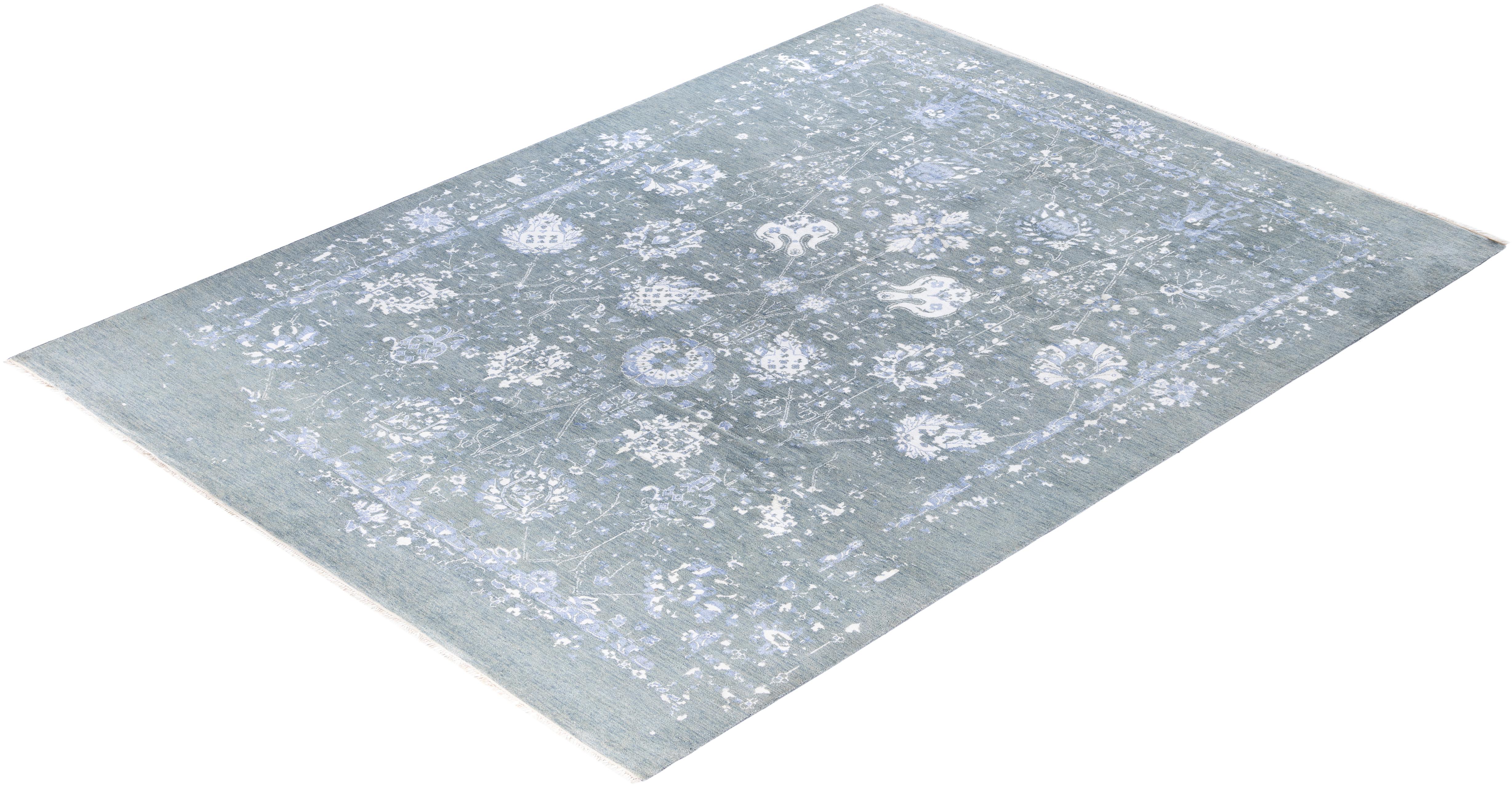 Tapis traditionnel abstrait en laine et soie noué à la main vert 9' 0