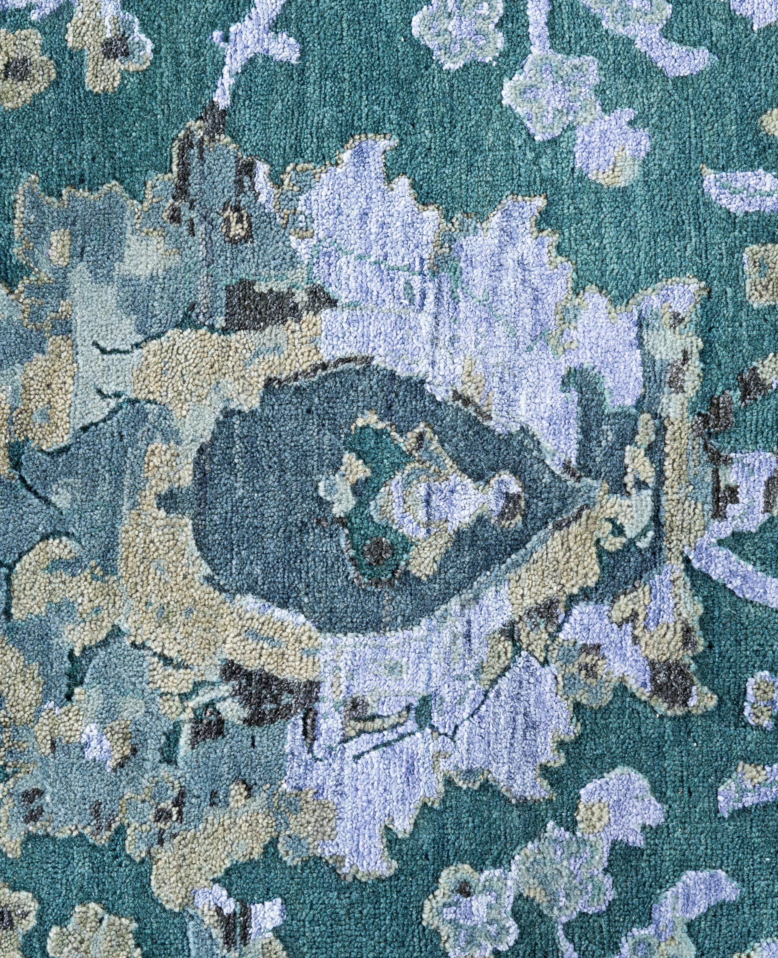 Indiano Traditional Abstract Wool, Silk Hand Knotted Green Area Rugs 9' 1