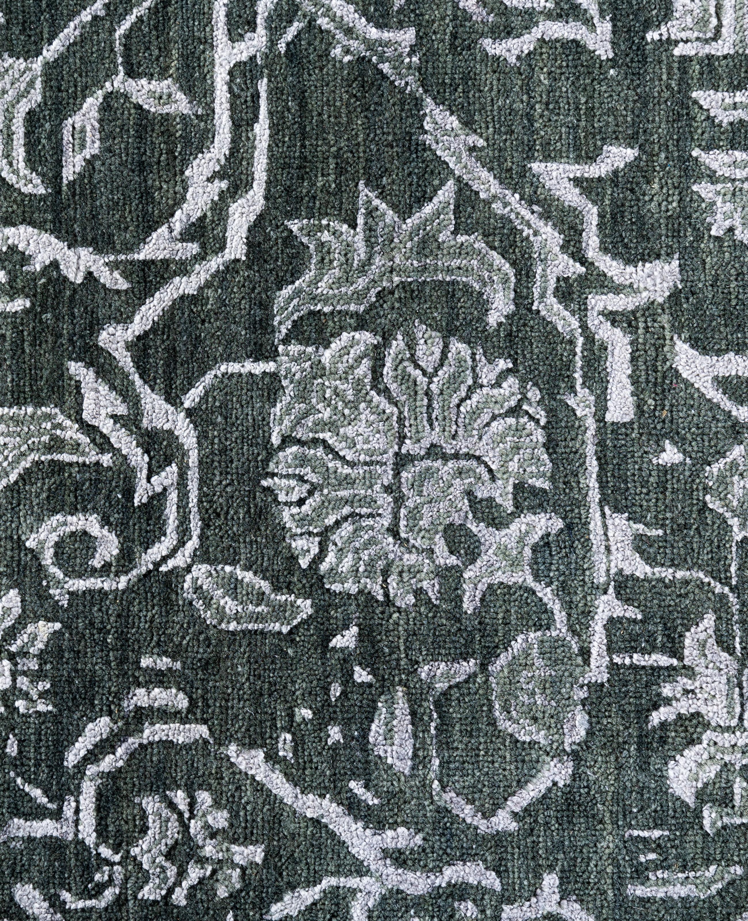 Indien Tapis traditionnel abstrait en laine et soie noué à la main vert 9' 1