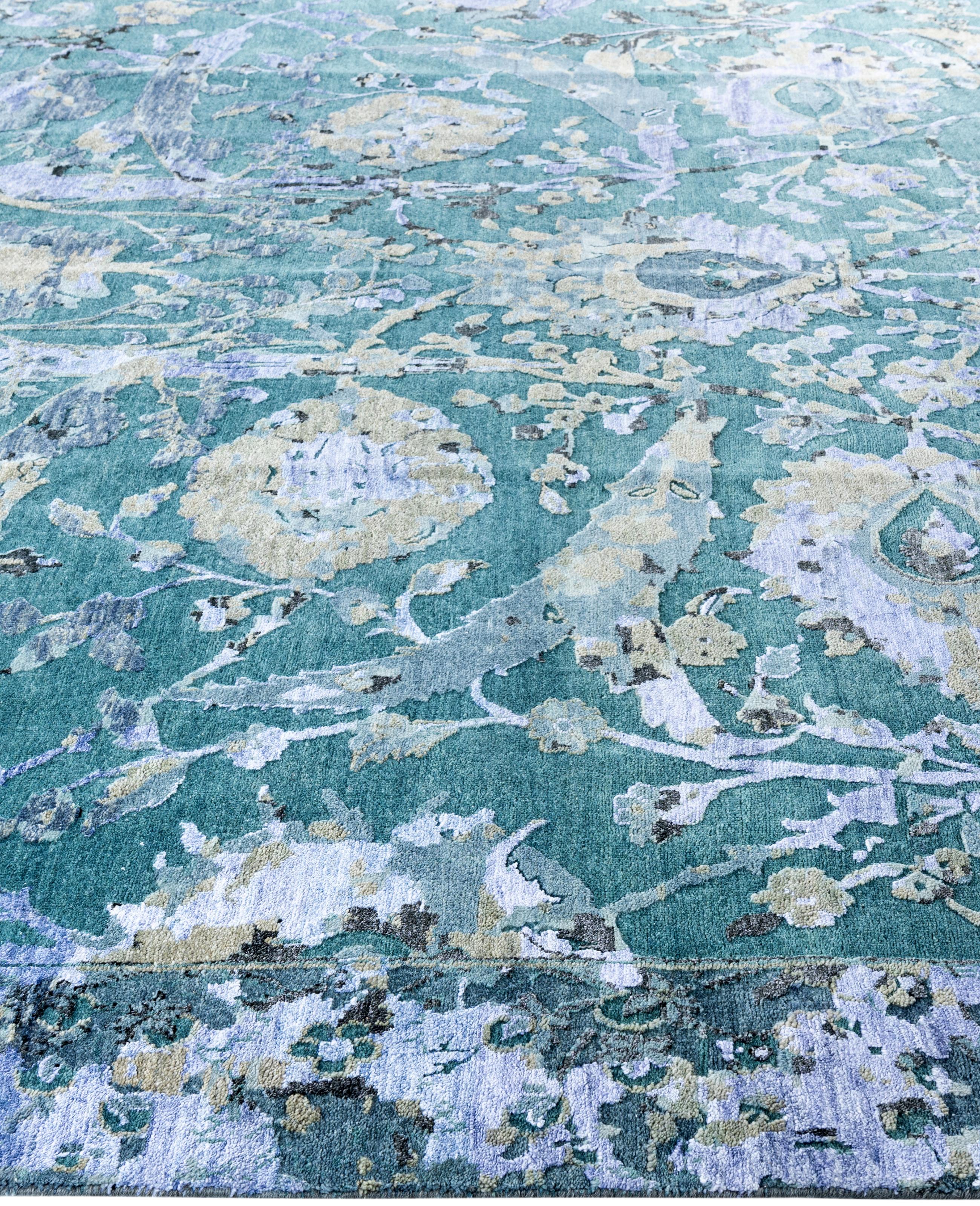 Annodato a mano Traditional Abstract Wool, Silk Hand Knotted Green Area Rugs 9' 1