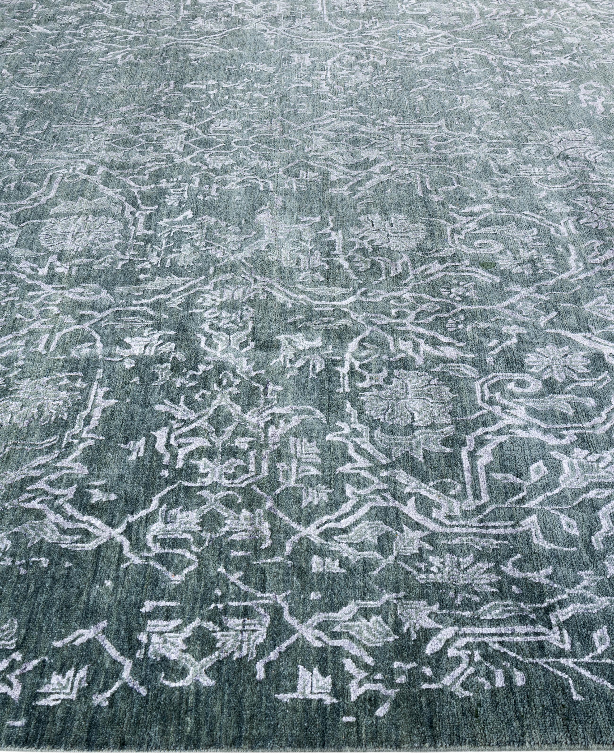 Noué à la main Tapis traditionnel abstrait en laine et soie noué à la main vert 9' 1
