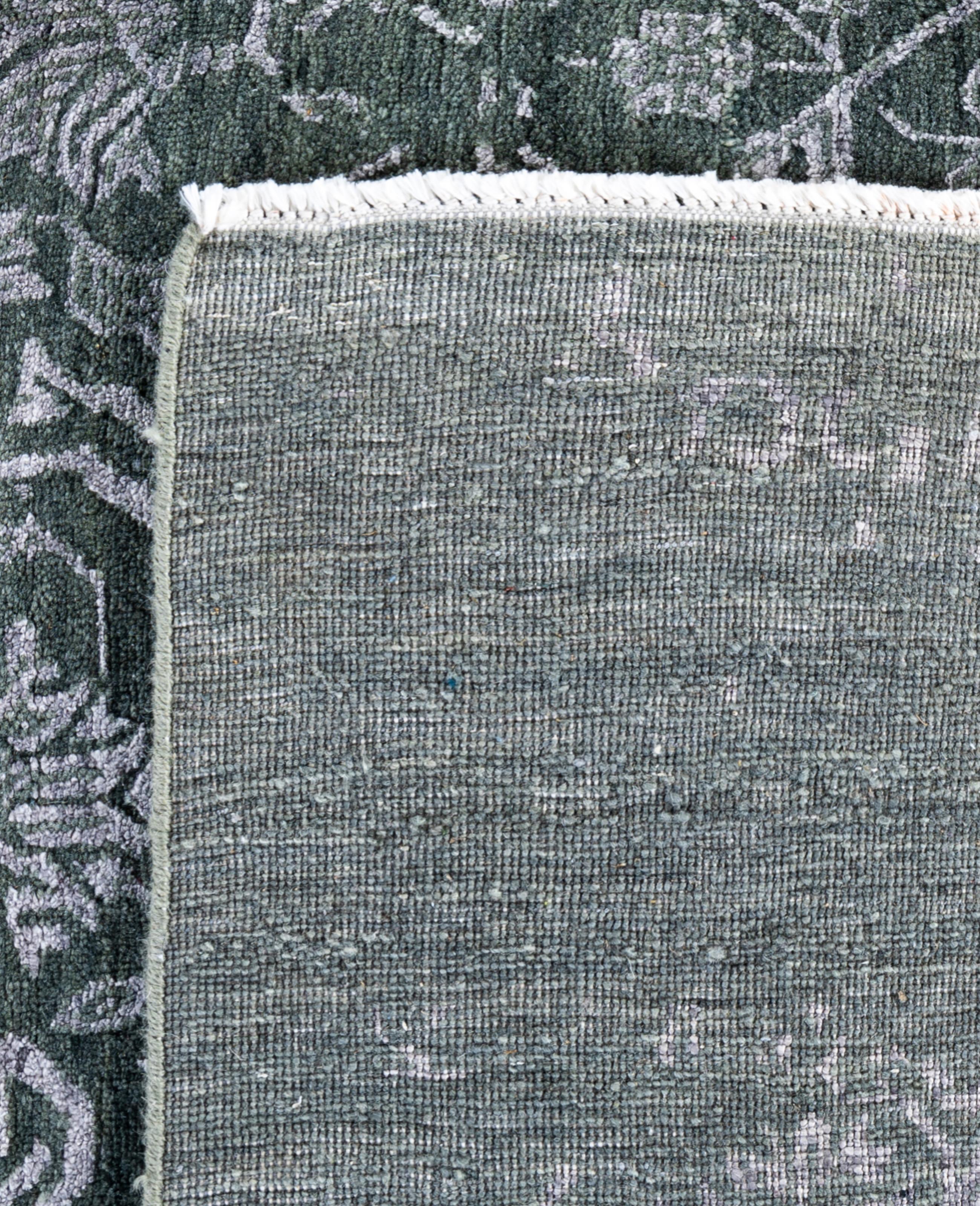 Tapis traditionnel abstrait en laine et soie noué à la main vert 9' 1