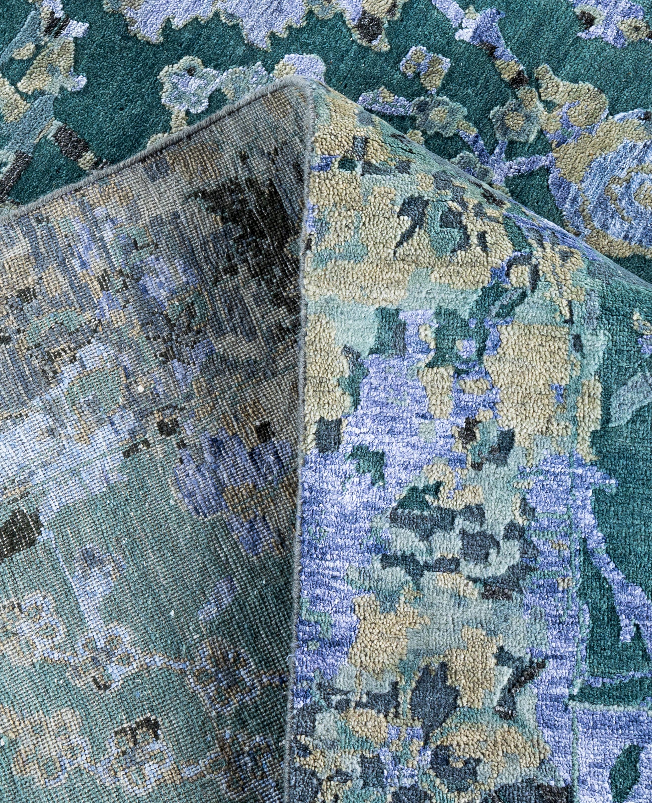 XXI secolo e contemporaneo Traditional Abstract Wool, Silk Hand Knotted Green Area Rugs 9' 1