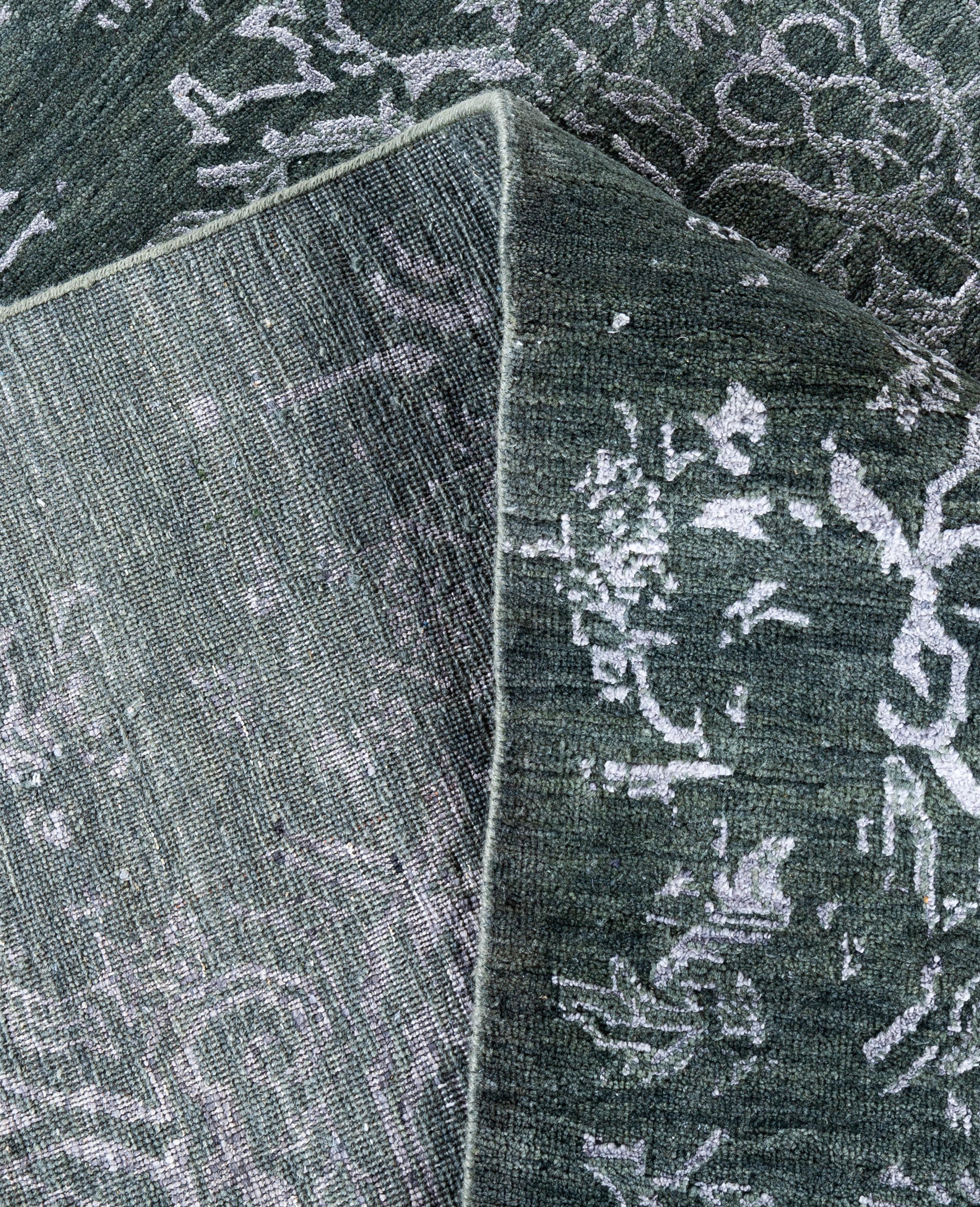 XXIe siècle et contemporain Tapis traditionnel abstrait en laine et soie noué à la main vert 9' 1